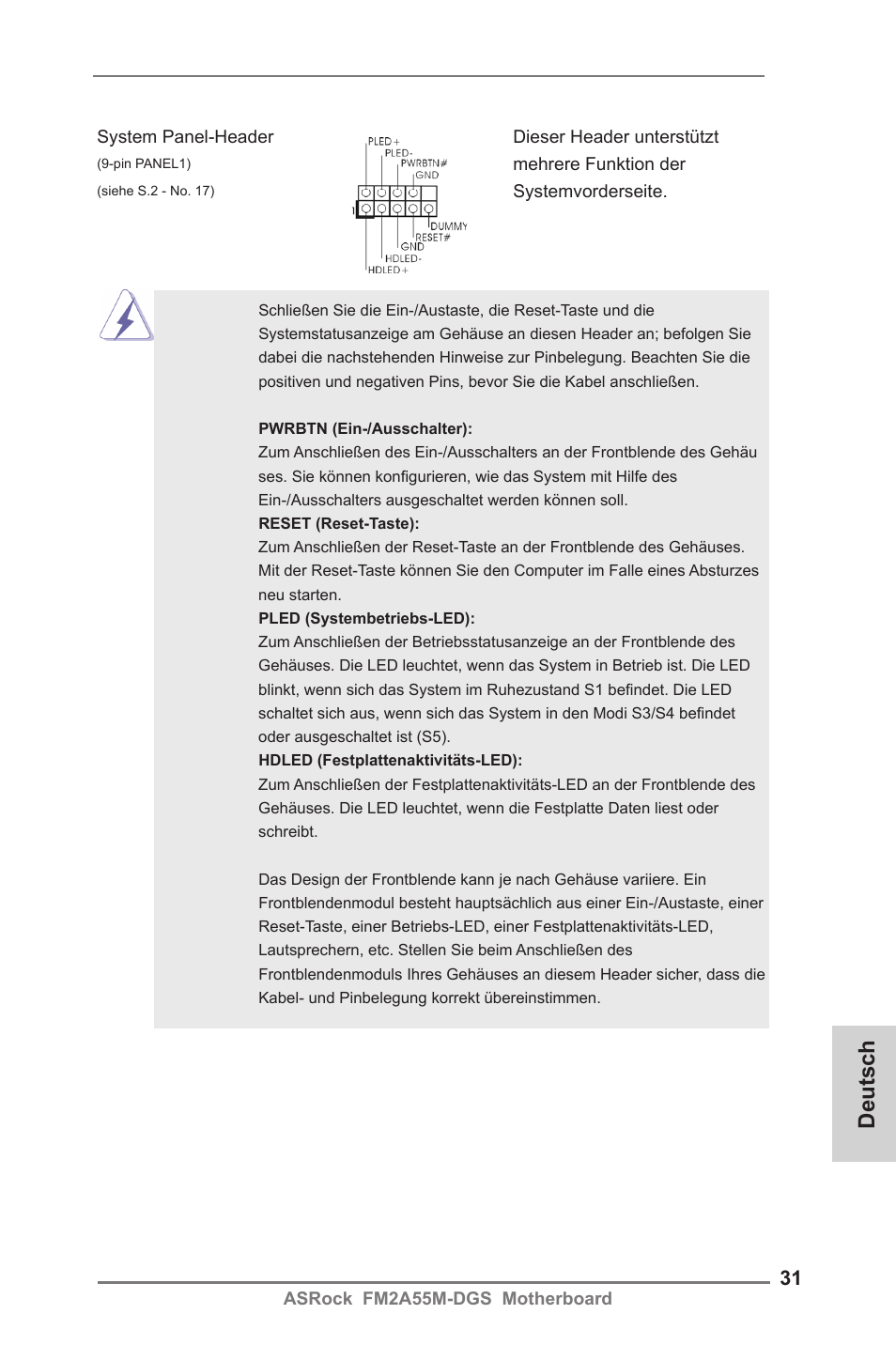 Deutsch | ASRock FM2A55M-DGS User Manual | Page 31 / 138