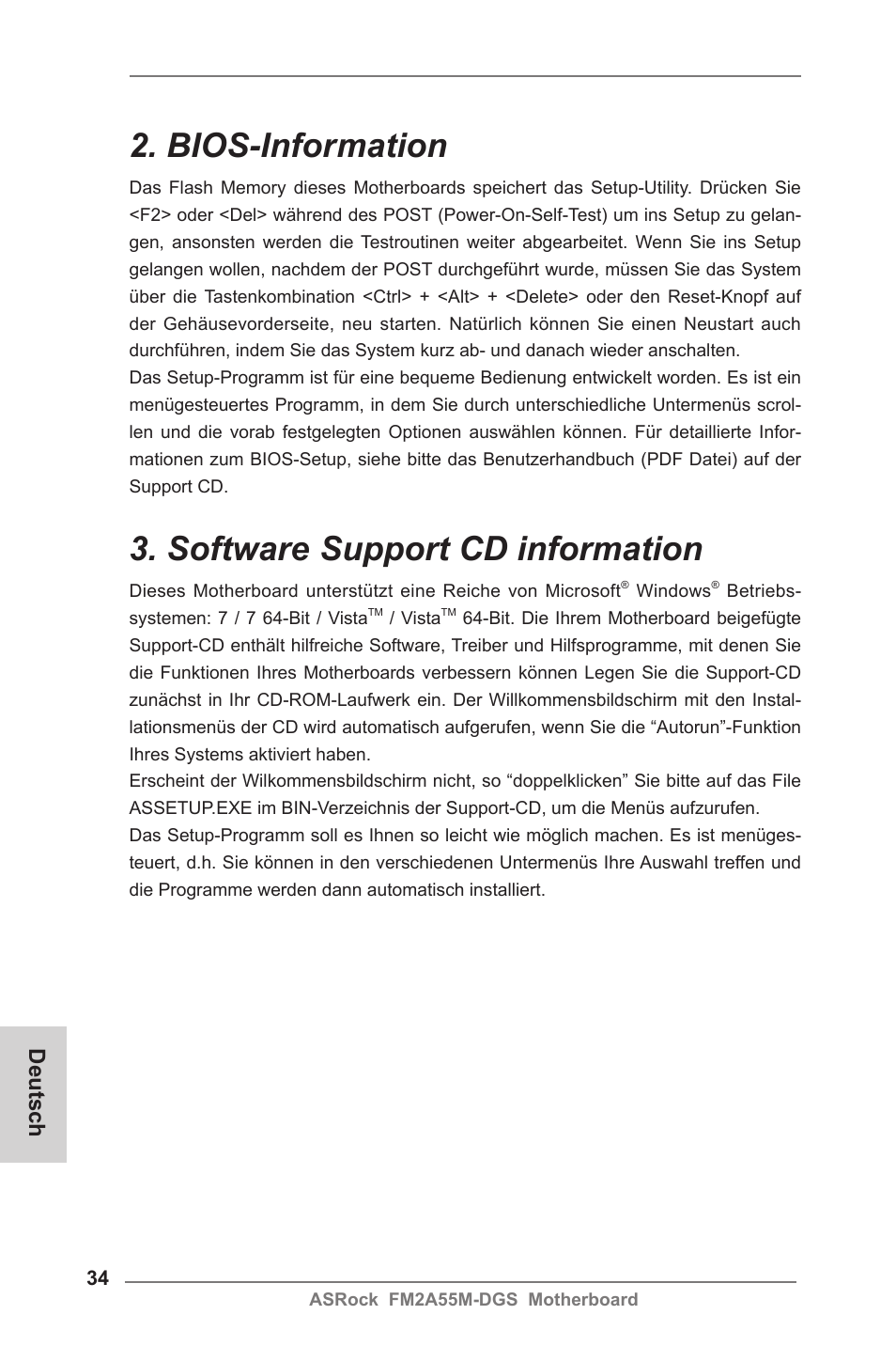 Bios-information, Software support cd information, Deutsch | ASRock FM2A55M-DGS User Manual | Page 34 / 138