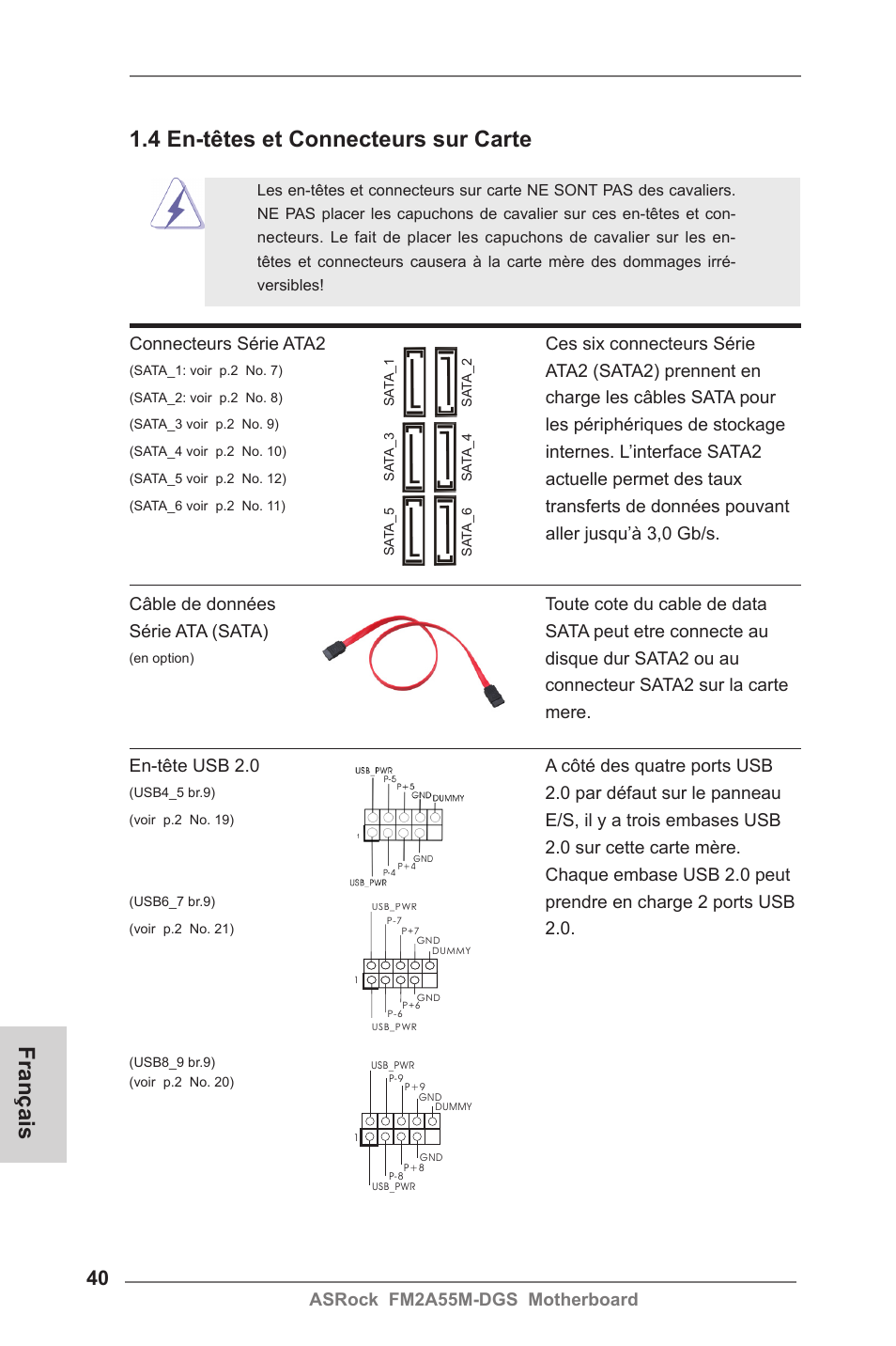 Français, 4 en-têtes et connecteurs sur carte | ASRock FM2A55M-DGS User Manual | Page 40 / 138