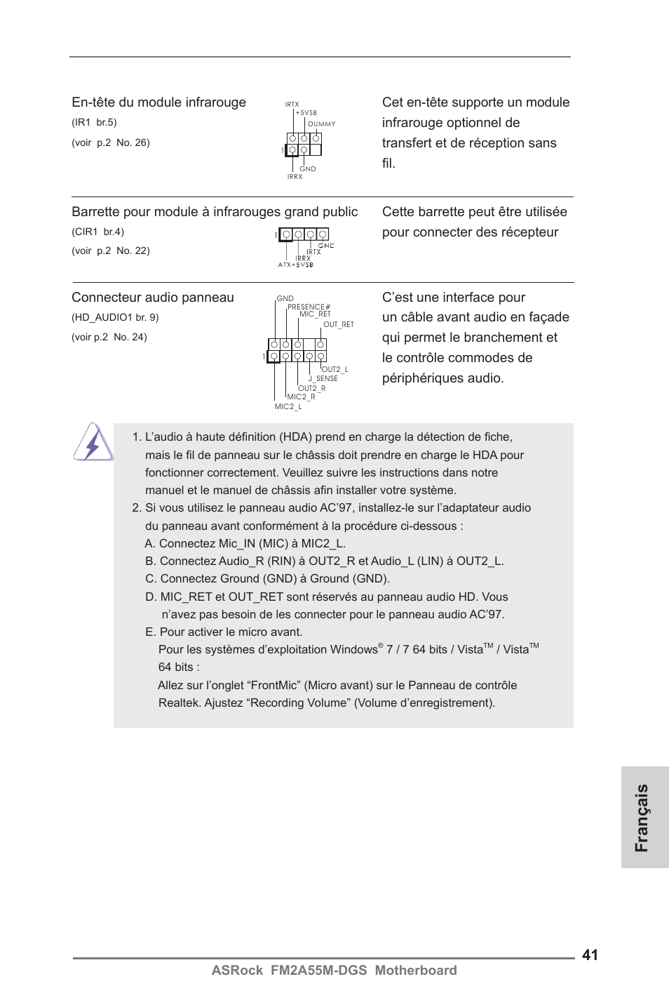 Français, Asrock fm2a55m-dgs motherboard, Infrarouge optionnel de | Un câble avant audio en façade, Pour connecter des récepteur | ASRock FM2A55M-DGS User Manual | Page 41 / 138