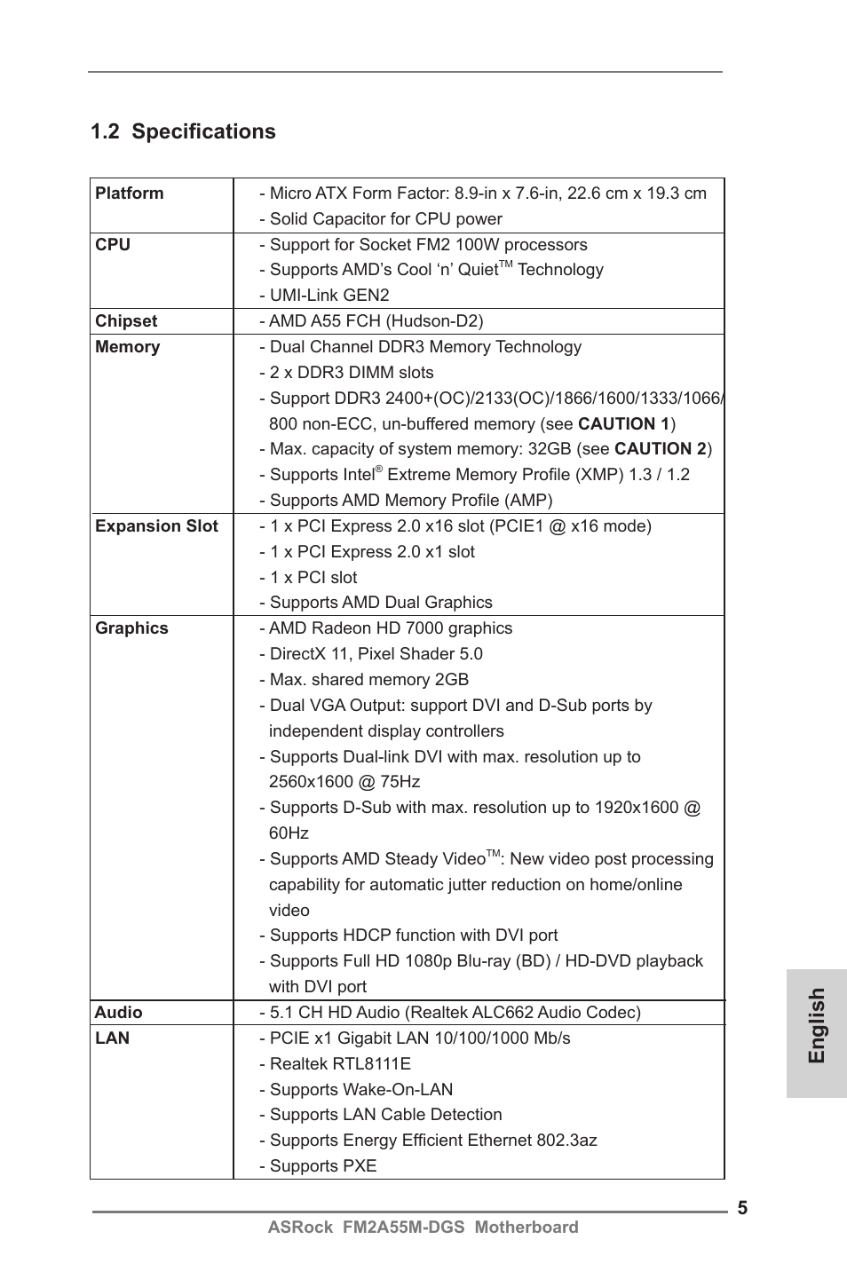 English 1.2 specifications | ASRock FM2A55M-DGS User Manual | Page 5 / 138