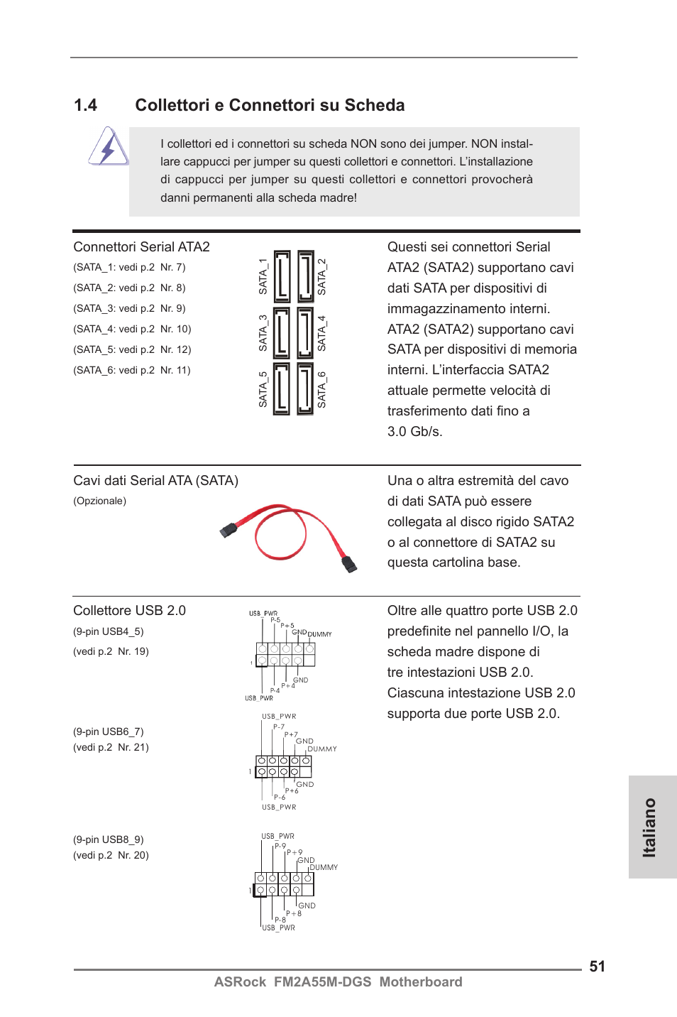 Italiano, 4 collettori e connettori su scheda | ASRock FM2A55M-DGS User Manual | Page 51 / 138