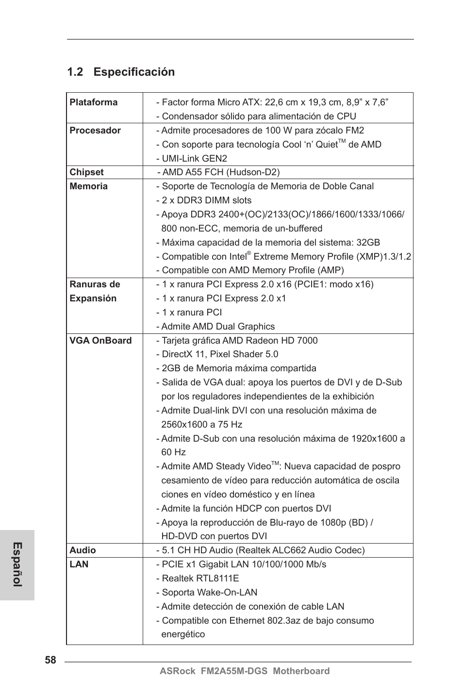 2 especificación, Español | ASRock FM2A55M-DGS User Manual | Page 58 / 138