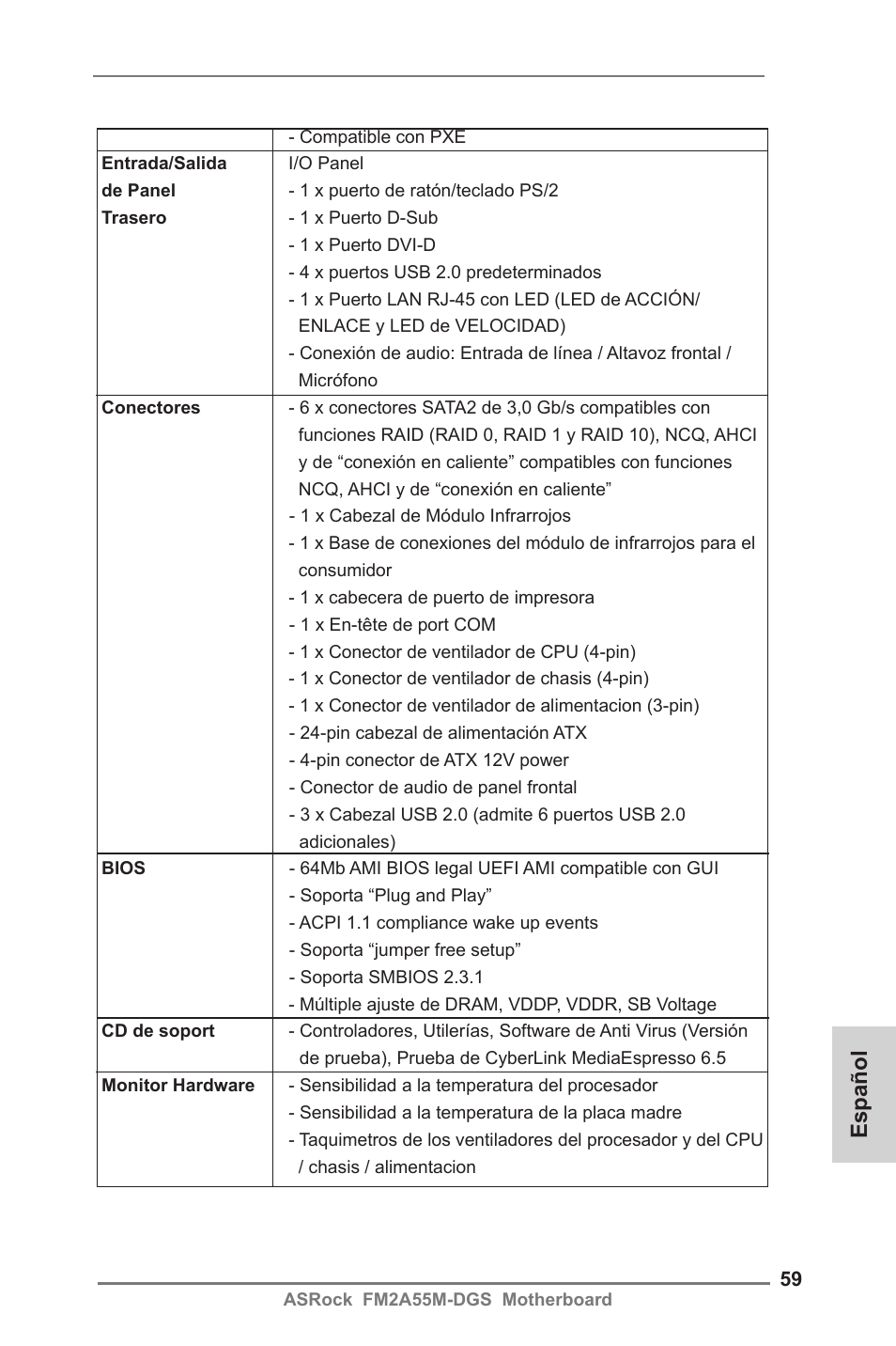 Español | ASRock FM2A55M-DGS User Manual | Page 59 / 138