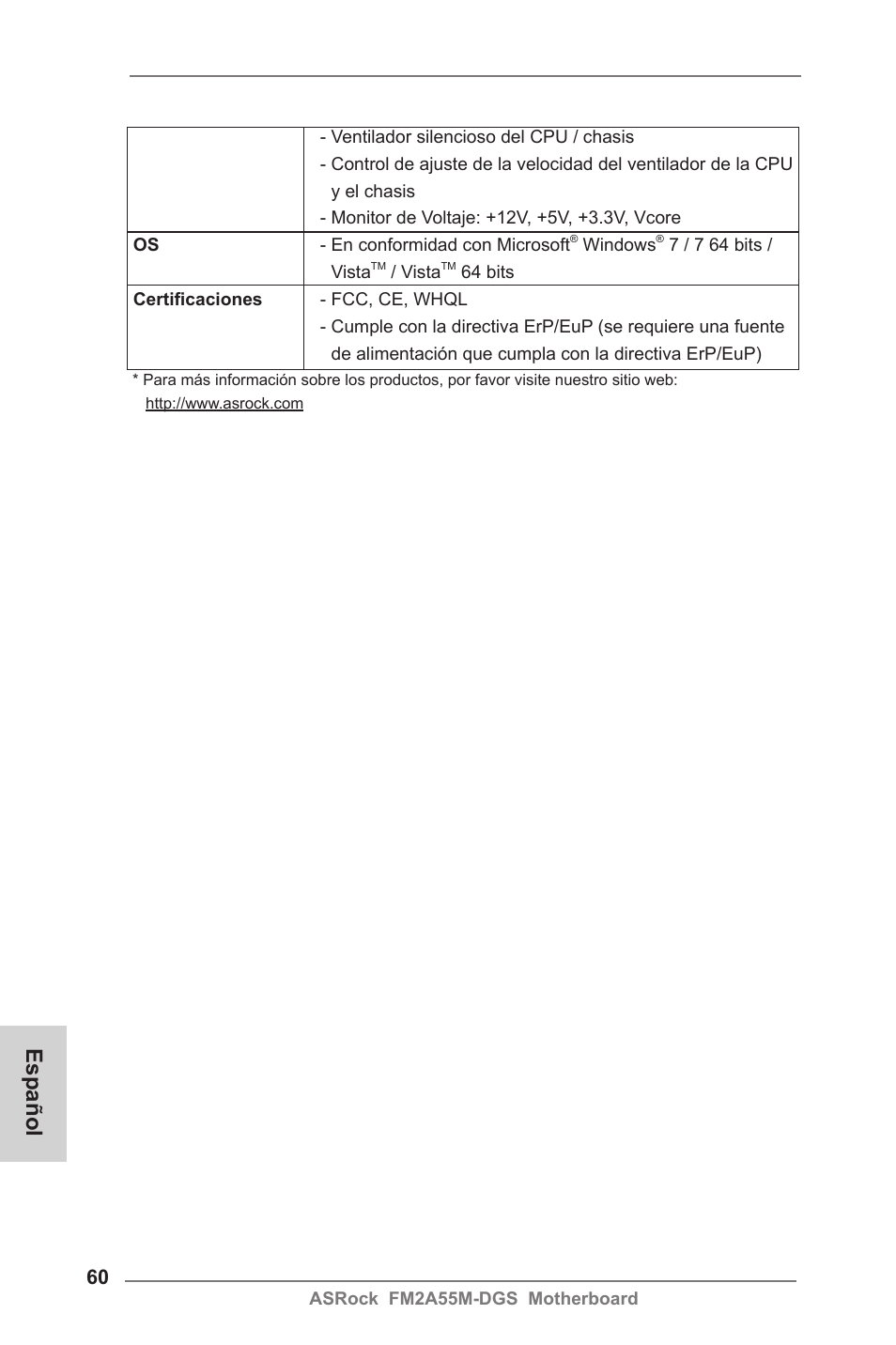 Español | ASRock FM2A55M-DGS User Manual | Page 60 / 138