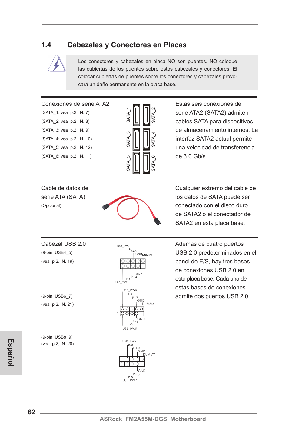 4 cabezales y conectores en placas, Español | ASRock FM2A55M-DGS User Manual | Page 62 / 138