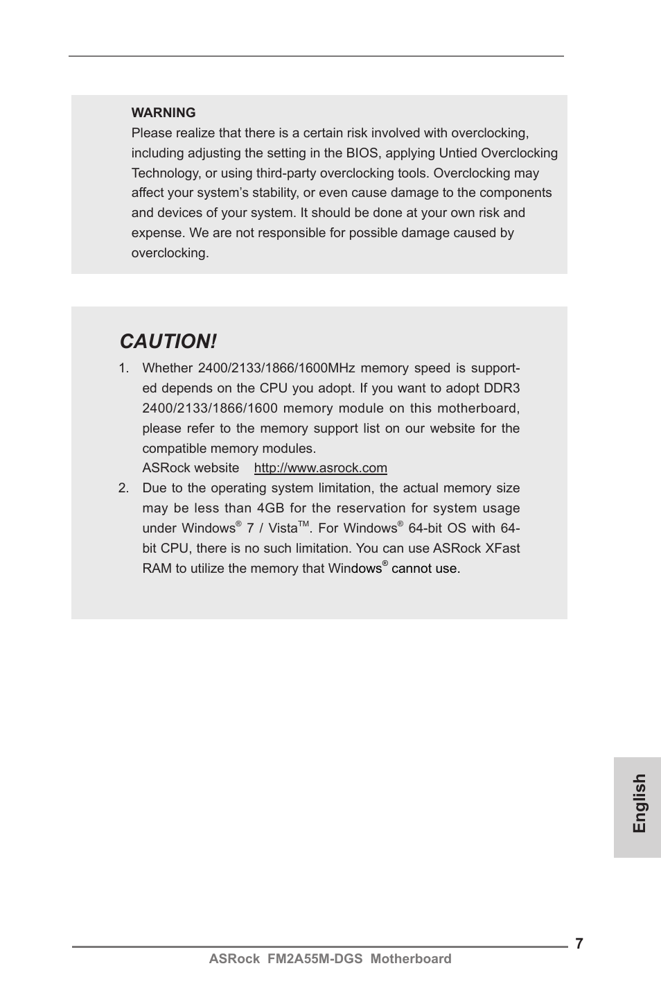 Caution, English | ASRock FM2A55M-DGS User Manual | Page 7 / 138
