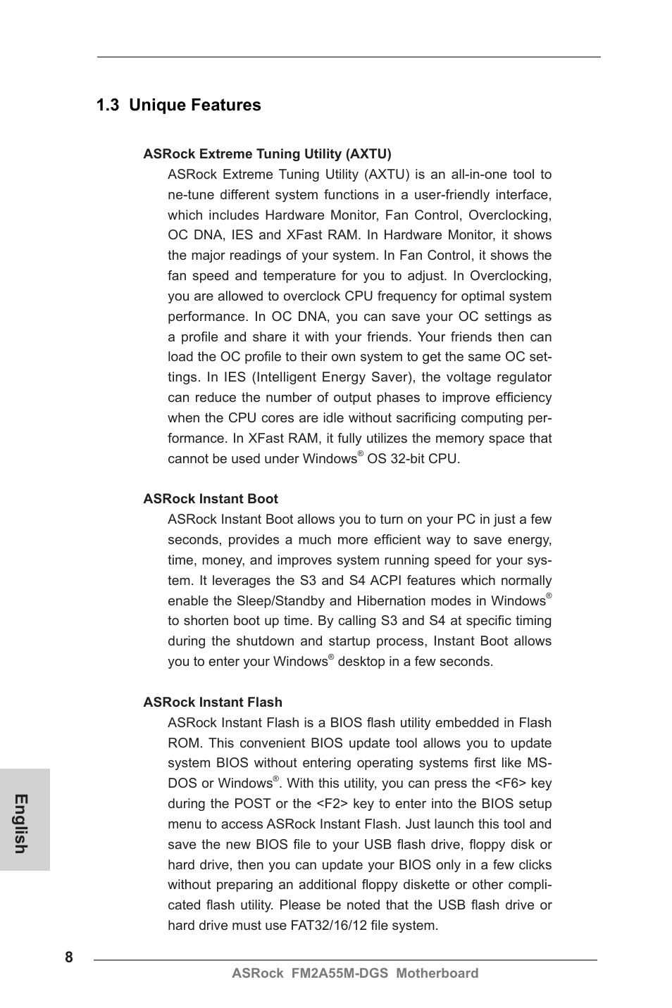 English 1.3 unique features | ASRock FM2A55M-DGS User Manual | Page 8 / 138