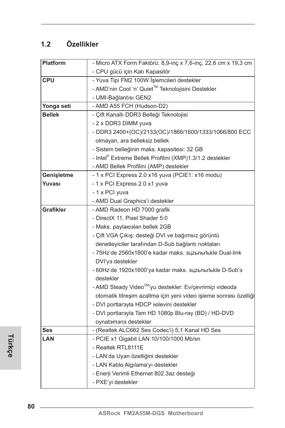 Türkçe 1.2 özellikler | ASRock FM2A55M-DGS User Manual | Page 80 / 138