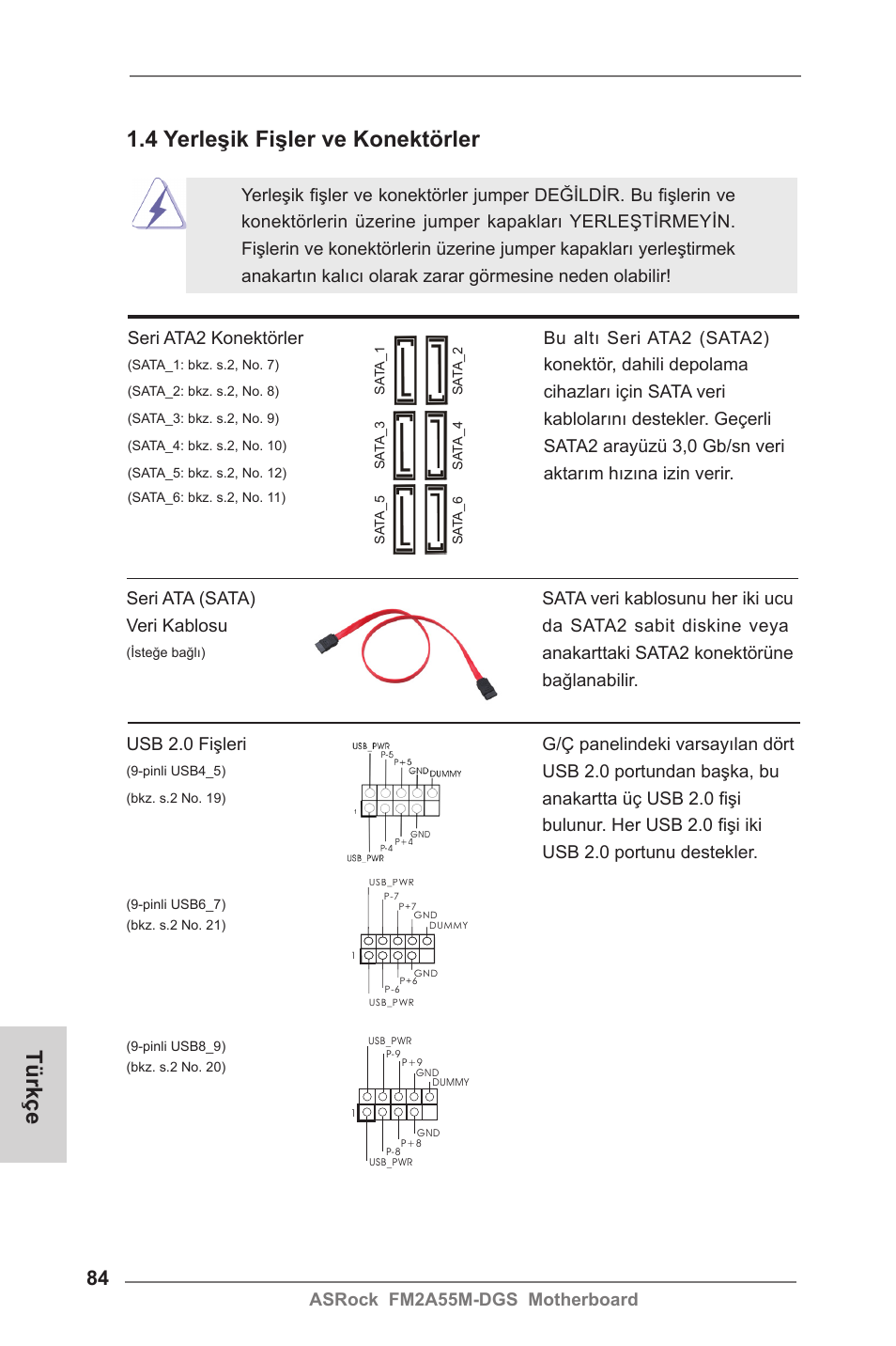 4 yerleşik fişler ve konektörler, Türkçe | ASRock FM2A55M-DGS User Manual | Page 84 / 138