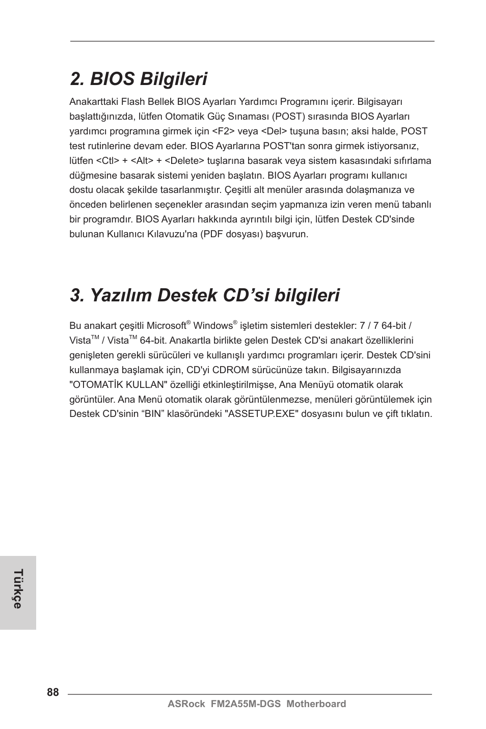 Bios bilgileri, Yazılım destek cd’si bilgileri, Türkçe | ASRock FM2A55M-DGS User Manual | Page 88 / 138