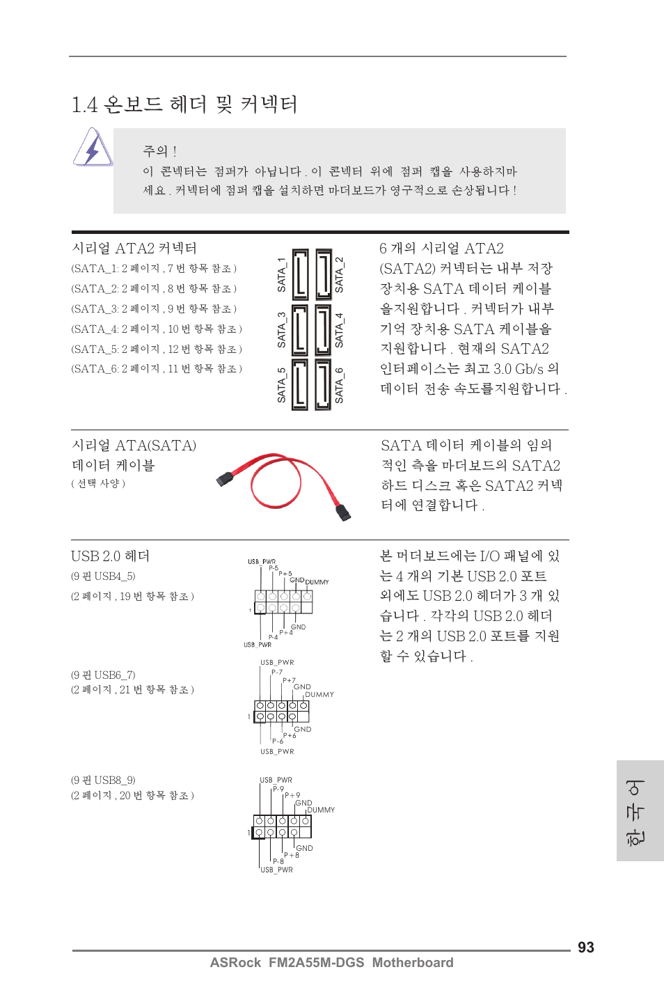 4 온보드 헤더 및 커넥터, 한 국 어 | ASRock FM2A55M-DGS User Manual | Page 93 / 138