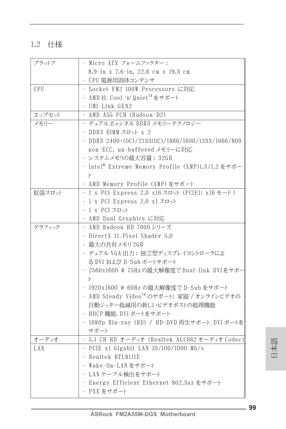 日本語 1.2 仕様 | ASRock FM2A55M-DGS User Manual | Page 99 / 138