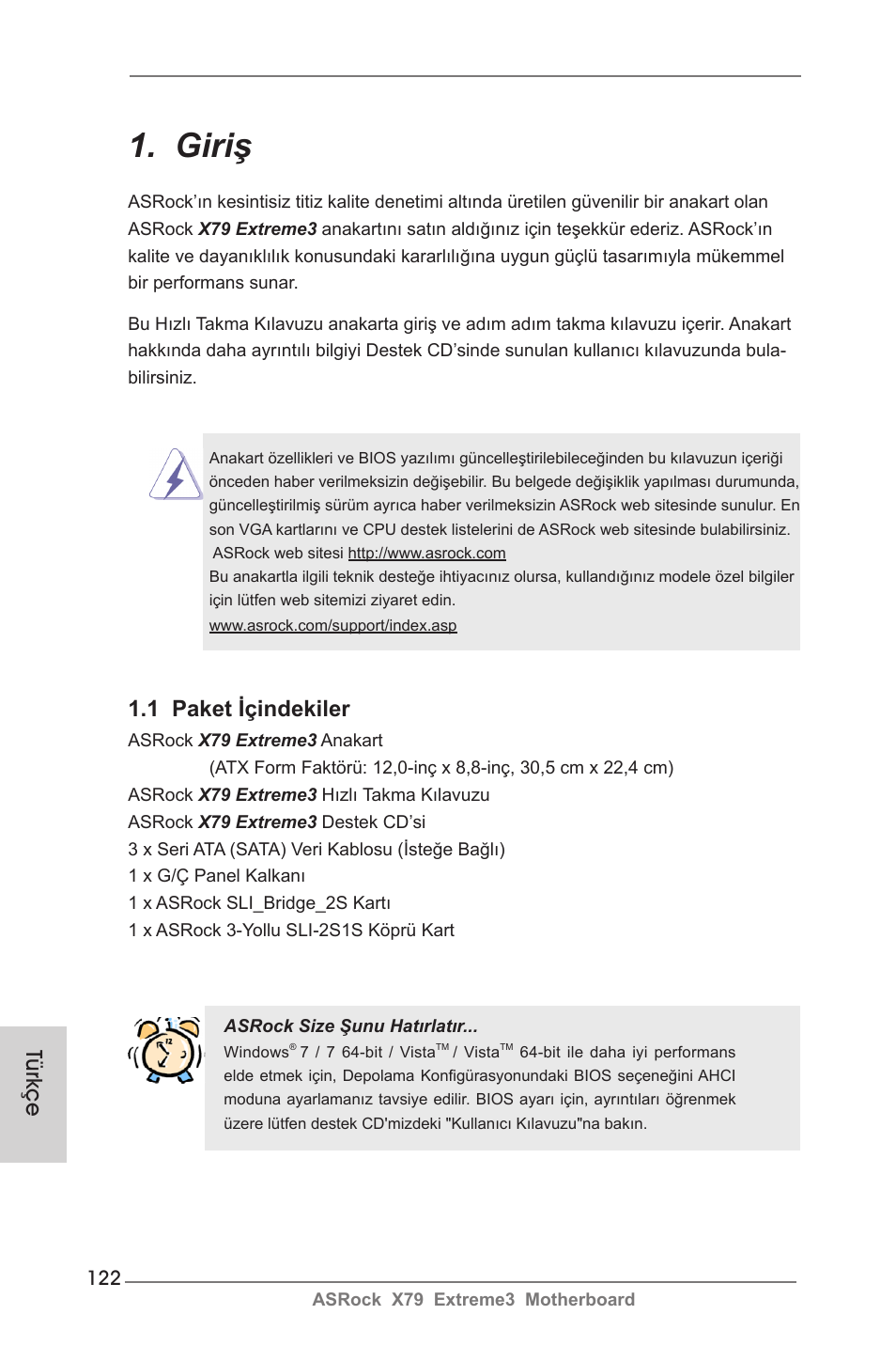 Turkish, Giriş, 1 paket içindekiler | Türkçe | ASRock X79 Extreme3 User Manual | Page 122 / 204