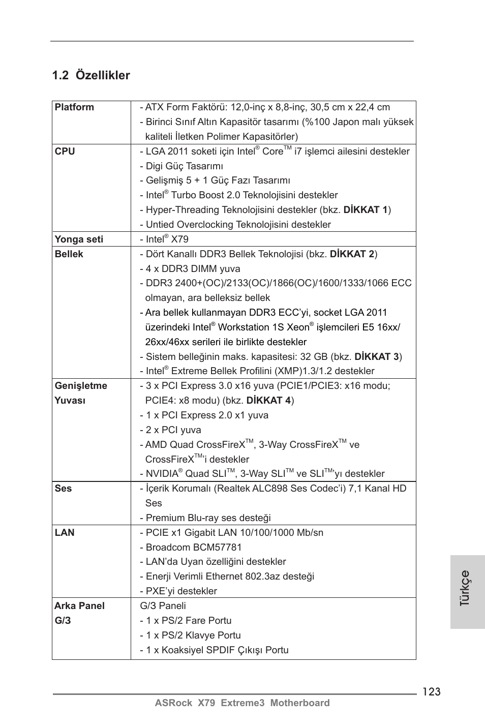 Türkçe, 2 özellikler | ASRock X79 Extreme3 User Manual | Page 123 / 204