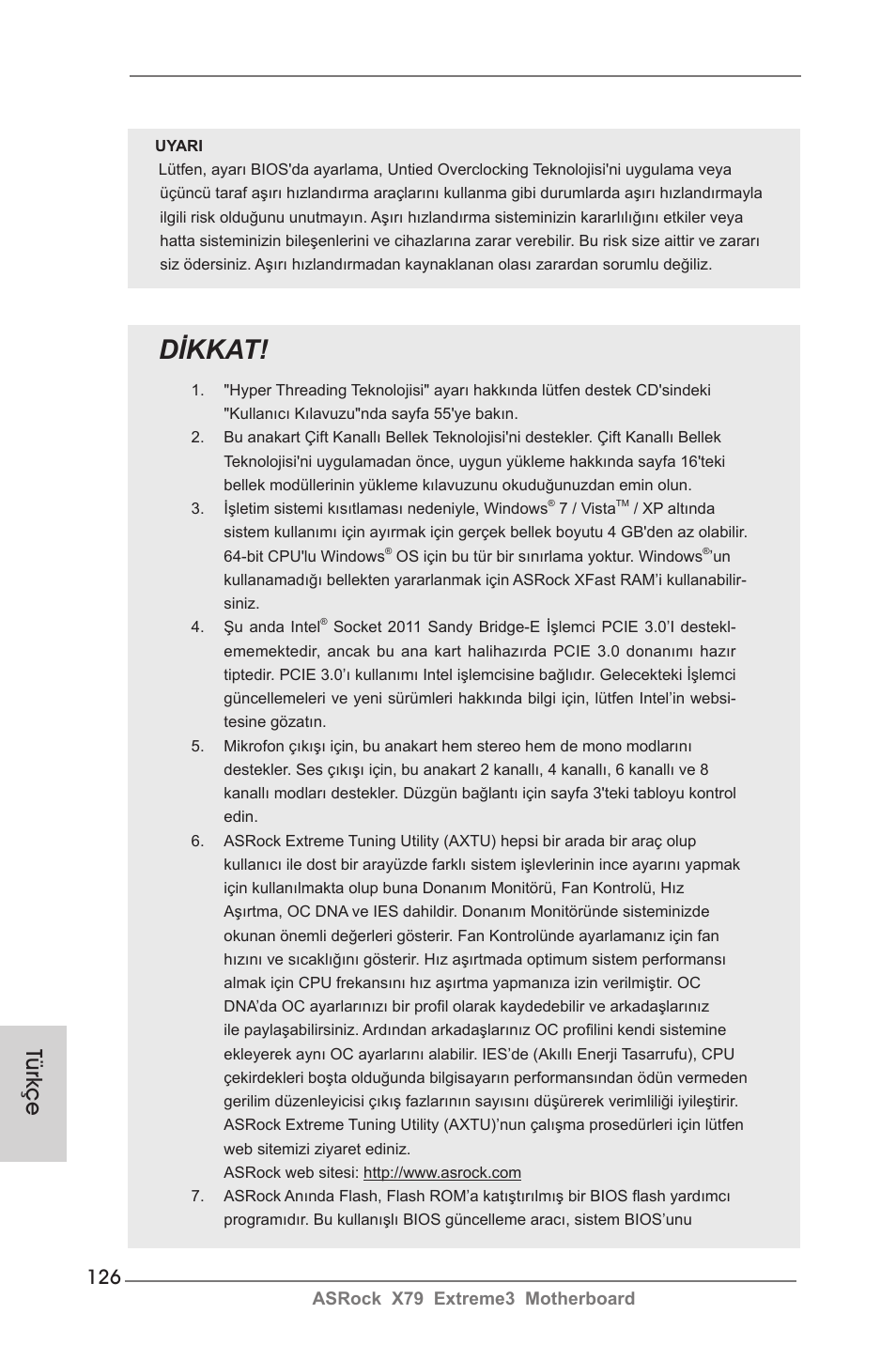 Dikkat, Türkçe | ASRock X79 Extreme3 User Manual | Page 126 / 204