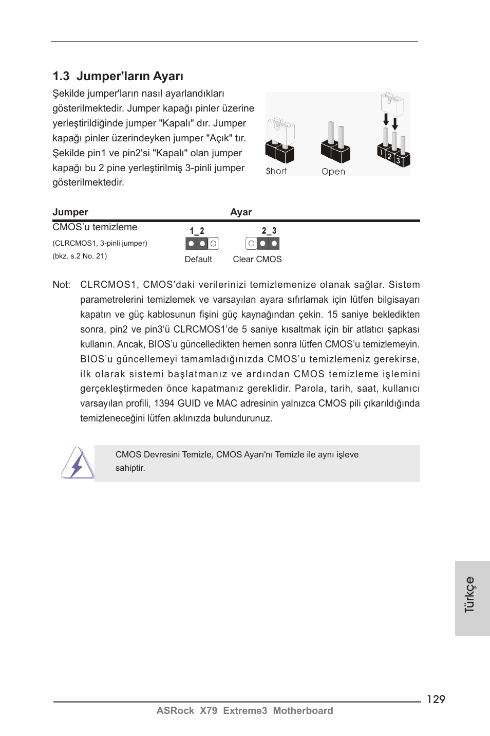 Türkçe 1.3 jumper'ların ayarı | ASRock X79 Extreme3 User Manual | Page 129 / 204