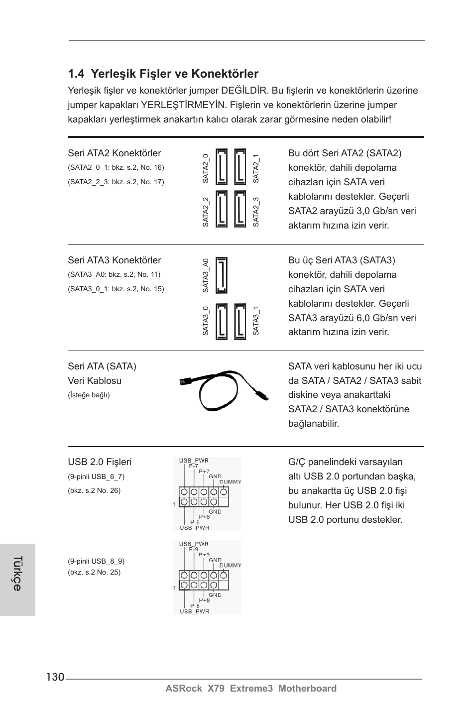 Türkçe 1.4 yerleşik fişler ve konektörler | ASRock X79 Extreme3 User Manual | Page 130 / 204