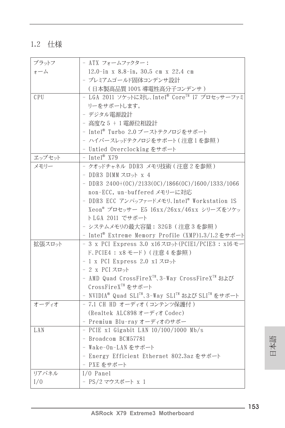 日本語 1.2 仕様 | ASRock X79 Extreme3 User Manual | Page 153 / 204