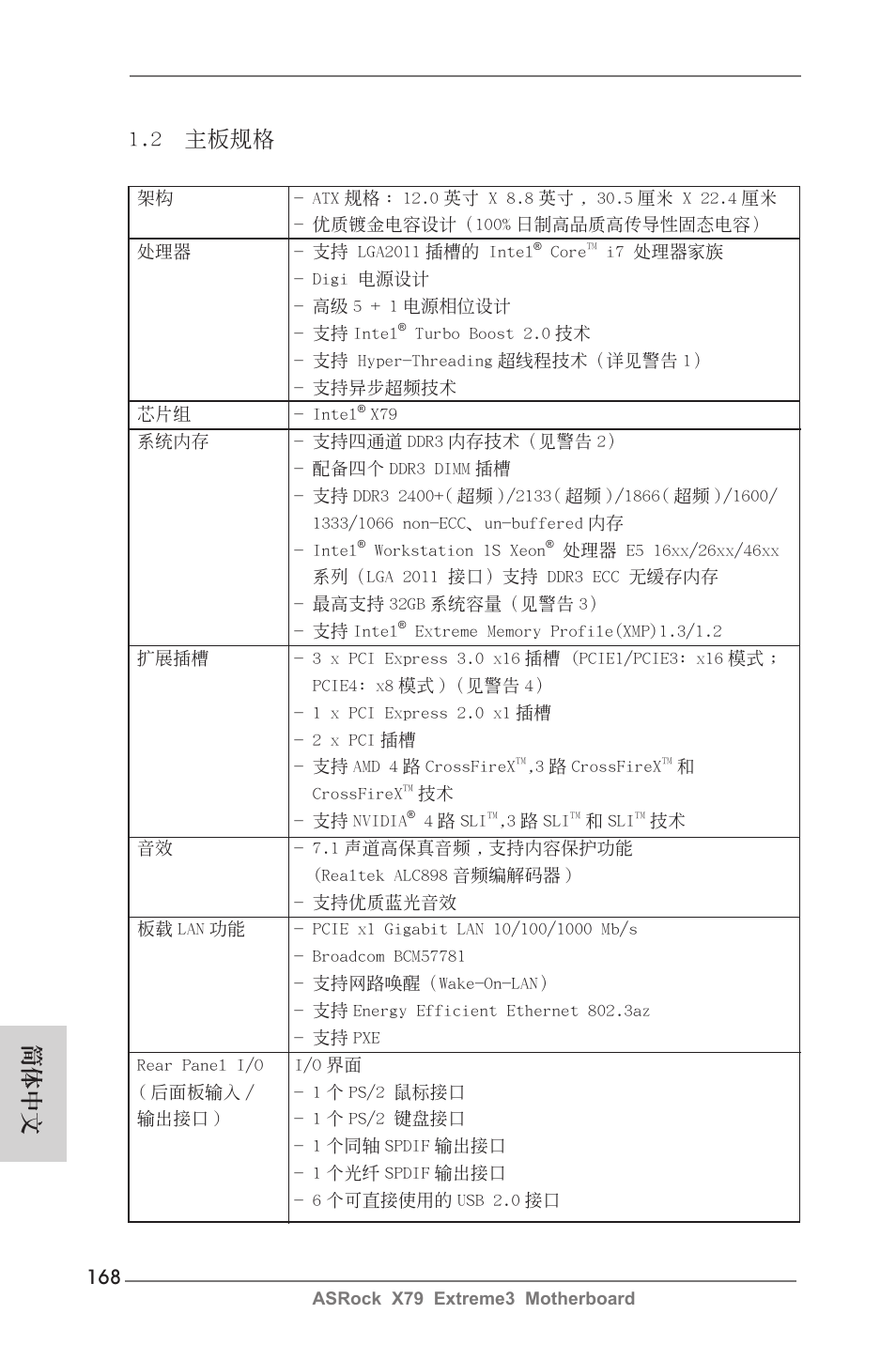 簡體中文 1.2 主板規格 | ASRock X79 Extreme3 User Manual | Page 168 / 204