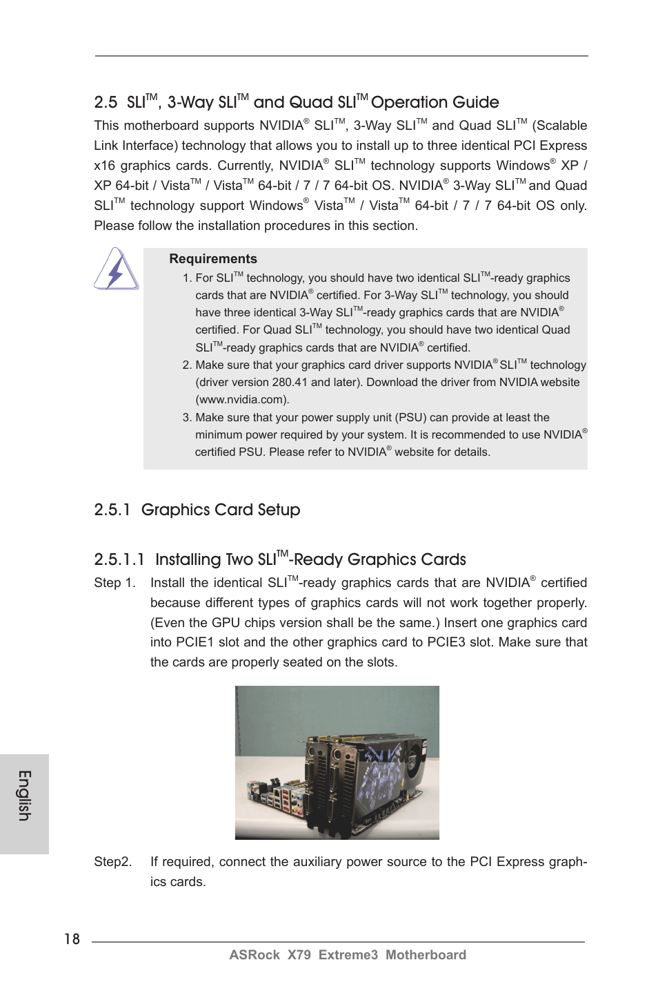 English 2.5 sli, Way sli, And quad sli | Operation guide, Ready graphics cards | ASRock X79 Extreme3 User Manual | Page 18 / 204