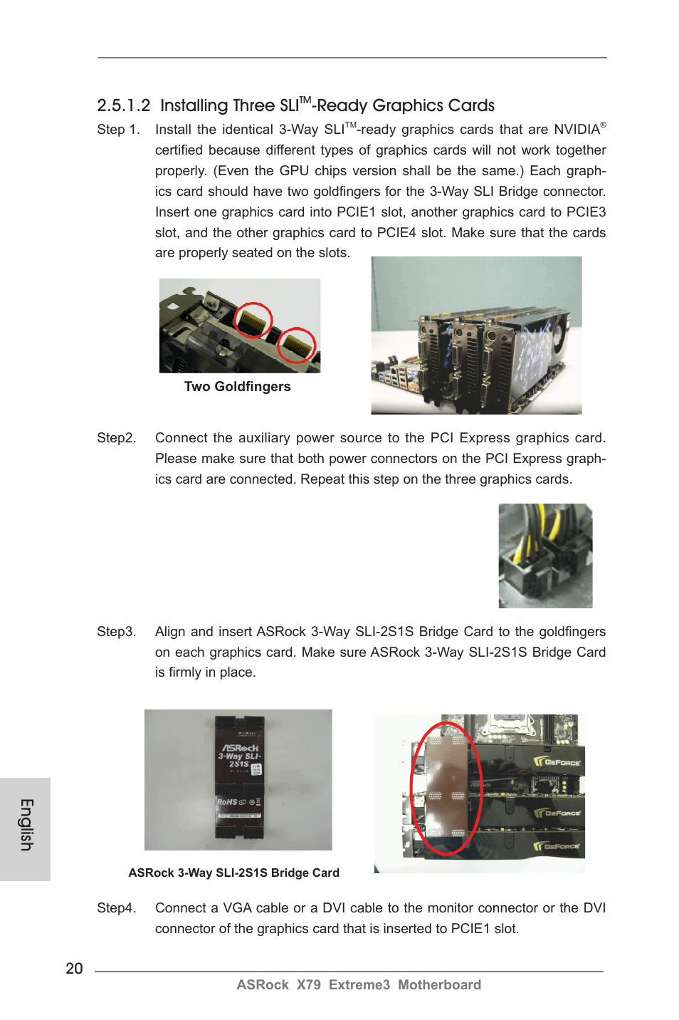 English 2.5.1.2 installing three sli, Ready graphics cards | ASRock X79 Extreme3 User Manual | Page 20 / 204