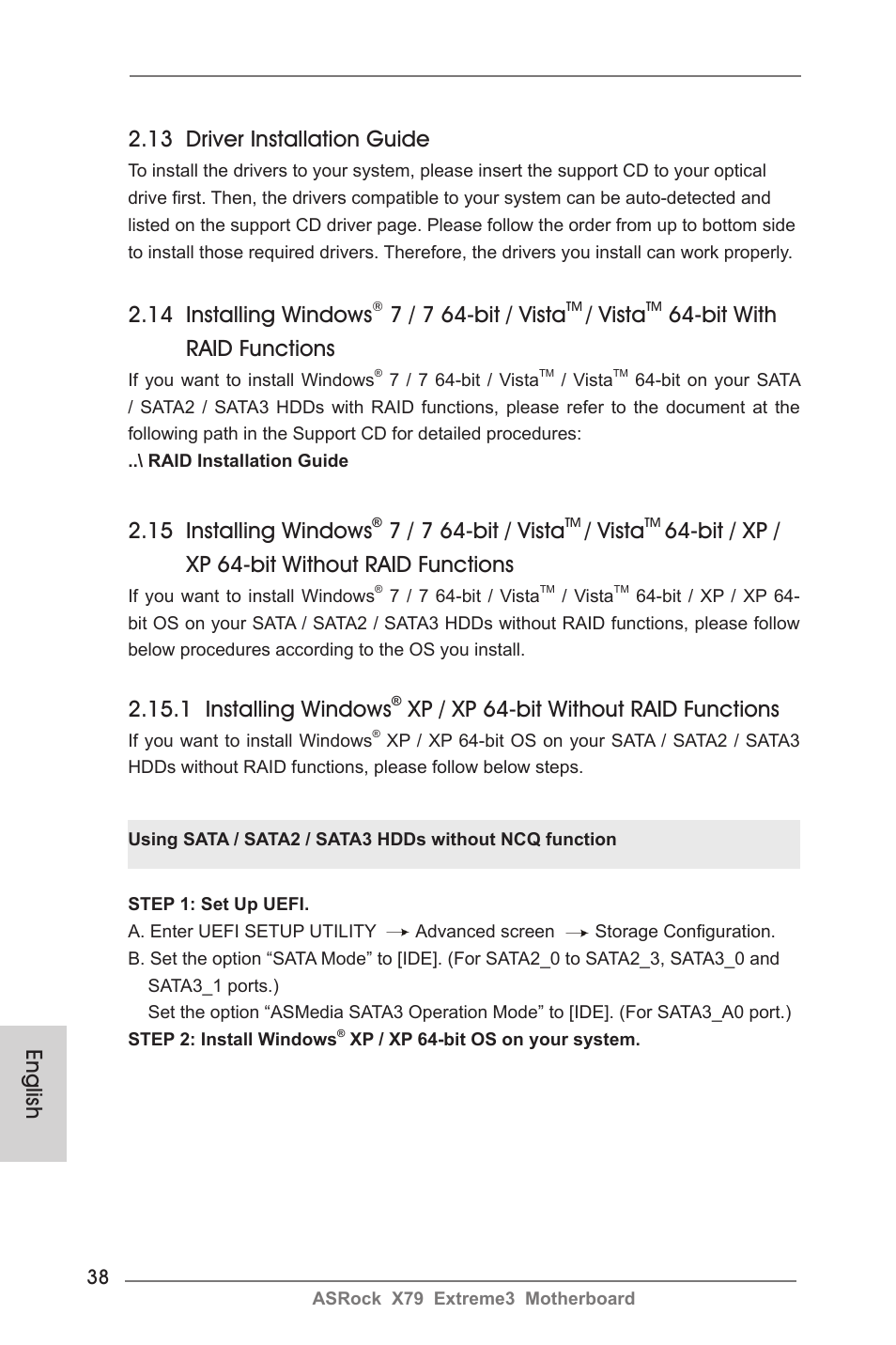 English 2.13 driver installation guide, 14 installing windows, 7 / 7 64-bit / vista | Vista, Bit with raid functions, 15 installing windows, Bit / xp / xp 64-bit without raid functions, 1 installing windows, Xp / xp 64-bit without raid functions | ASRock X79 Extreme3 User Manual | Page 38 / 204