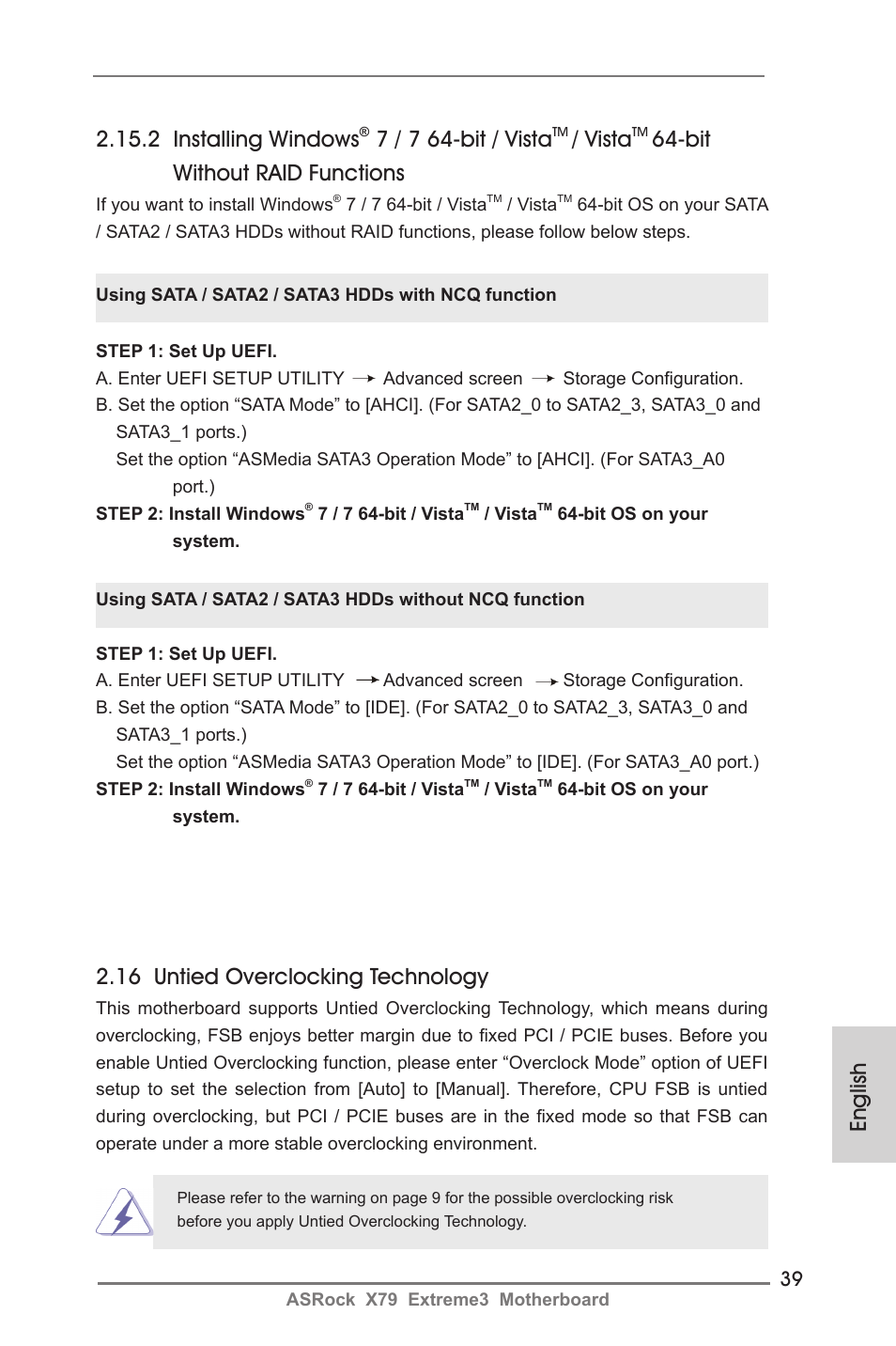 English 2.15.2 installing windows, 7 / 7 64-bit / vista, Vista | Bit without raid functions, 16 untied overclocking technology | ASRock X79 Extreme3 User Manual | Page 39 / 204