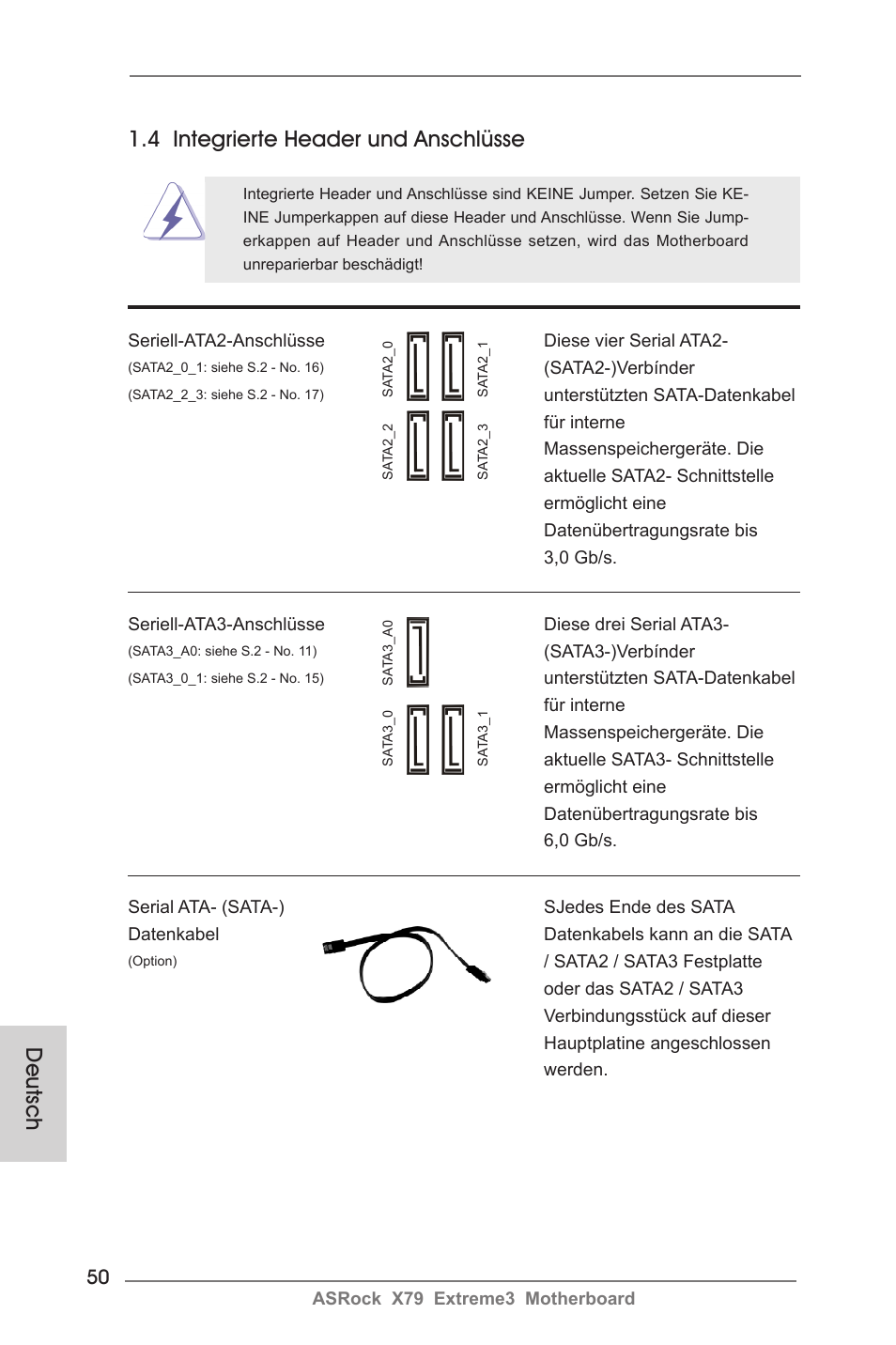 Deutsch, 4 integrierte header und anschlüsse | ASRock X79 Extreme3 User Manual | Page 50 / 204