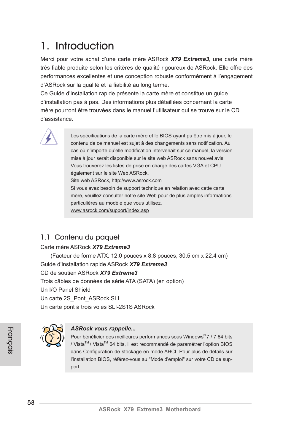 French, Introduction, 1 contenu du paquet | Français | ASRock X79 Extreme3 User Manual | Page 58 / 204