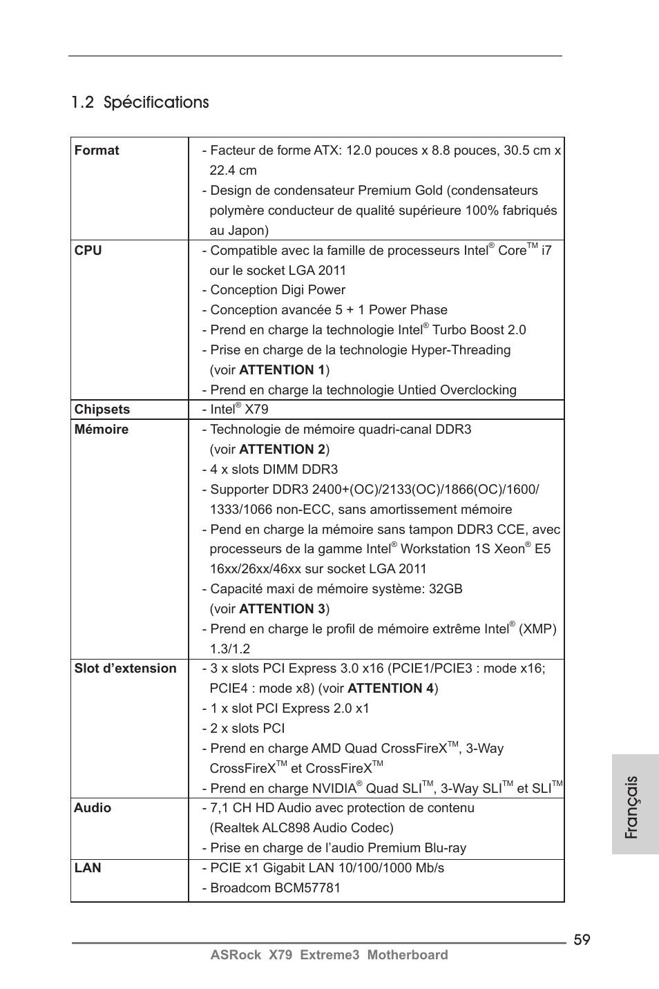 Français 1.2 spécifications | ASRock X79 Extreme3 User Manual | Page 59 / 204