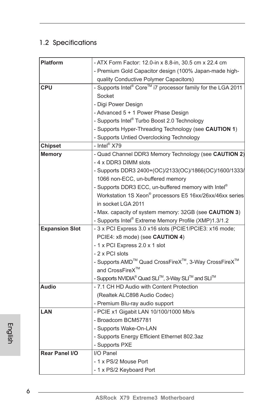 English 1.2 specifications | ASRock X79 Extreme3 User Manual | Page 6 / 204