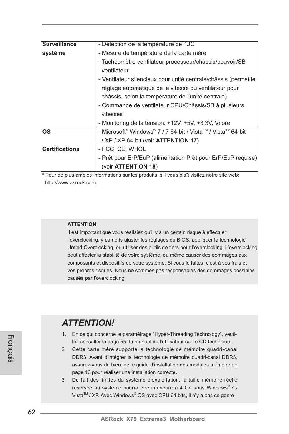 Attention, Français | ASRock X79 Extreme3 User Manual | Page 62 / 204