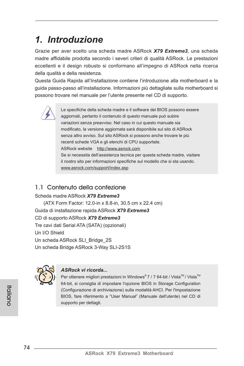 Italian, Introduzione, Italiano | 1 contenuto della confezione | ASRock X79 Extreme3 User Manual | Page 74 / 204