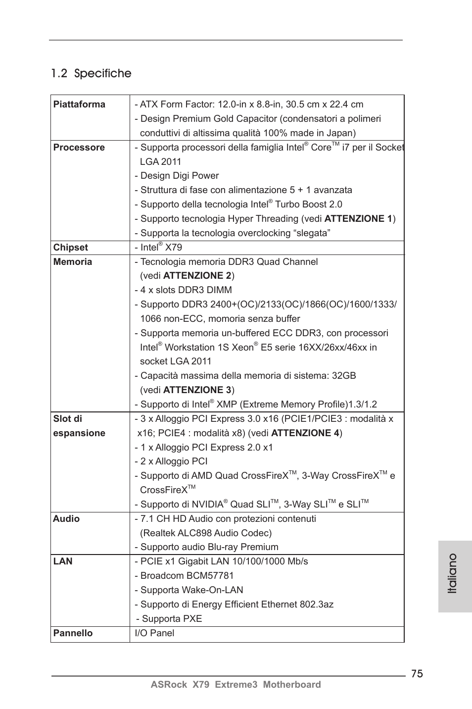 Italiano 1.2 specifiche | ASRock X79 Extreme3 User Manual | Page 75 / 204