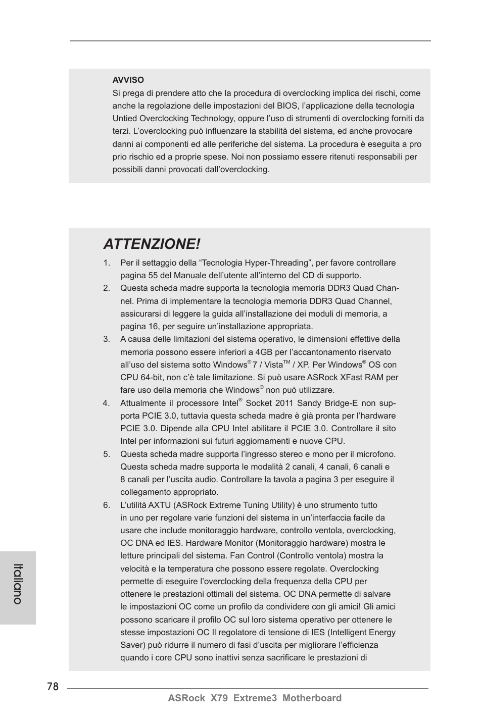 Attenzione, Italiano | ASRock X79 Extreme3 User Manual | Page 78 / 204