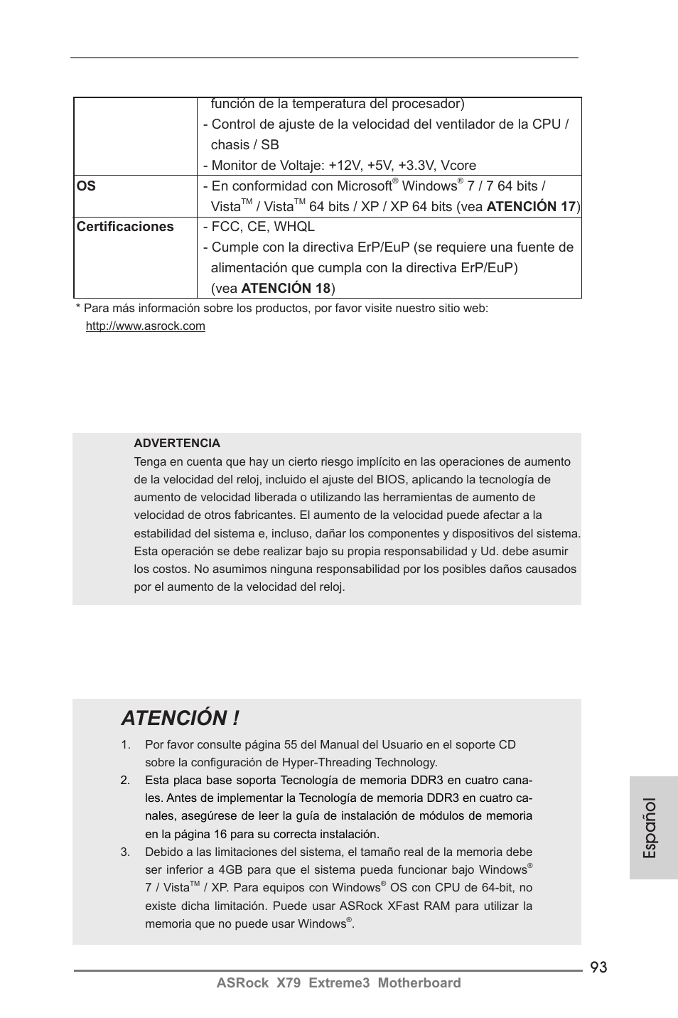 Atención, Español | ASRock X79 Extreme3 User Manual | Page 93 / 204
