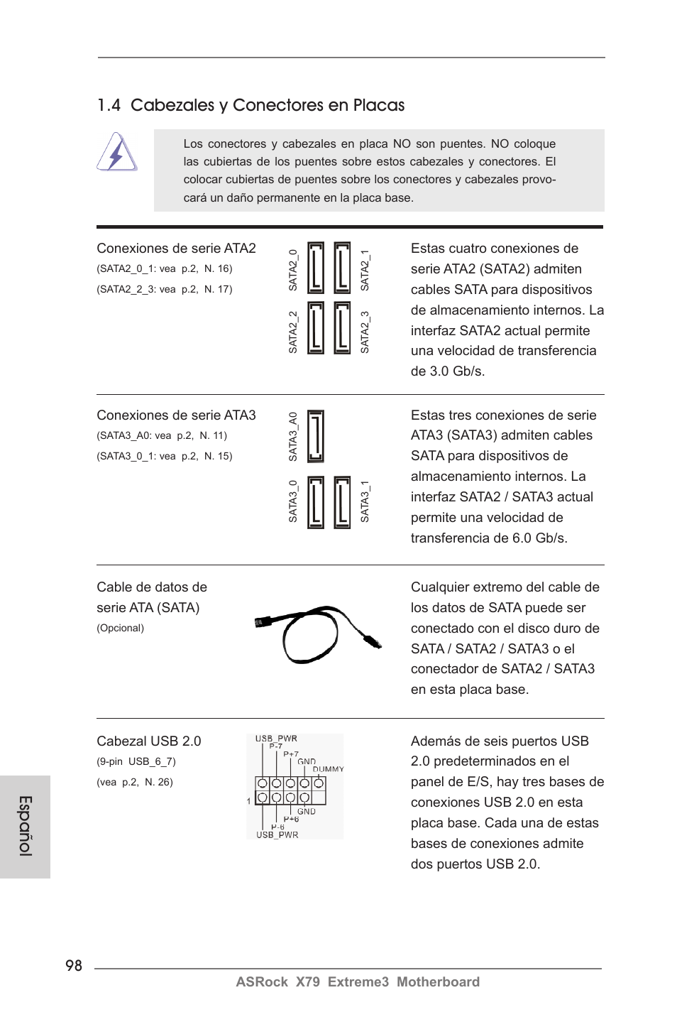 Español 1.4 cabezales y conectores en placas | ASRock X79 Extreme3 User Manual | Page 98 / 204
