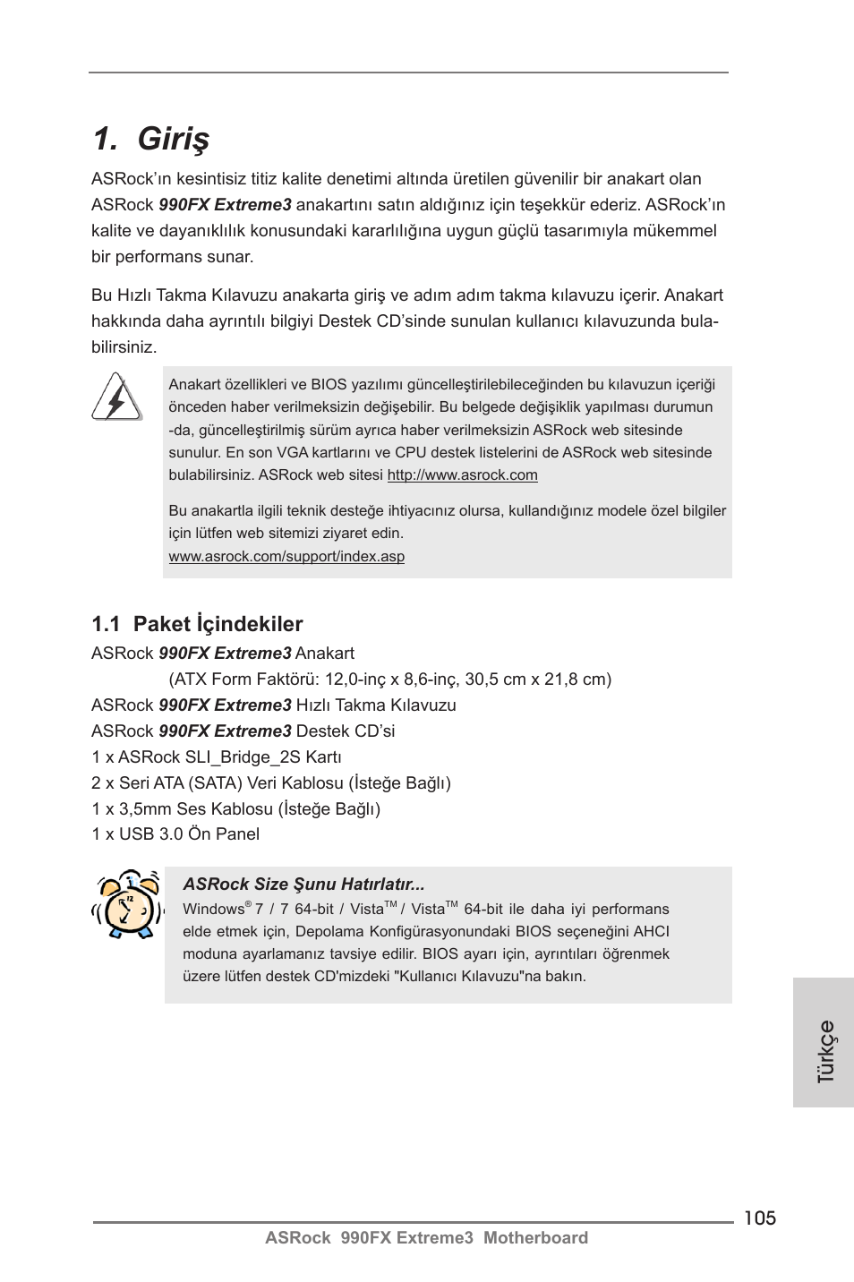 Turkish, Giriş, Türkçe | 1 paket içindekiler | ASRock 990FX Extreme3 User Manual | Page 105 / 182