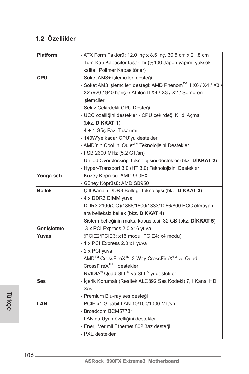 Türkçe 1.2 özellikler | ASRock 990FX Extreme3 User Manual | Page 106 / 182