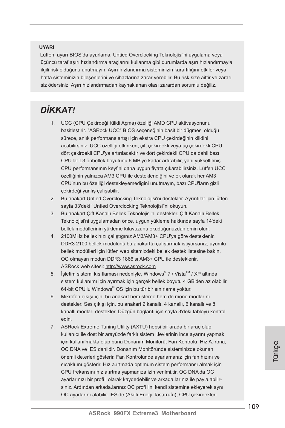 Dikkat, Türkçe | ASRock 990FX Extreme3 User Manual | Page 109 / 182
