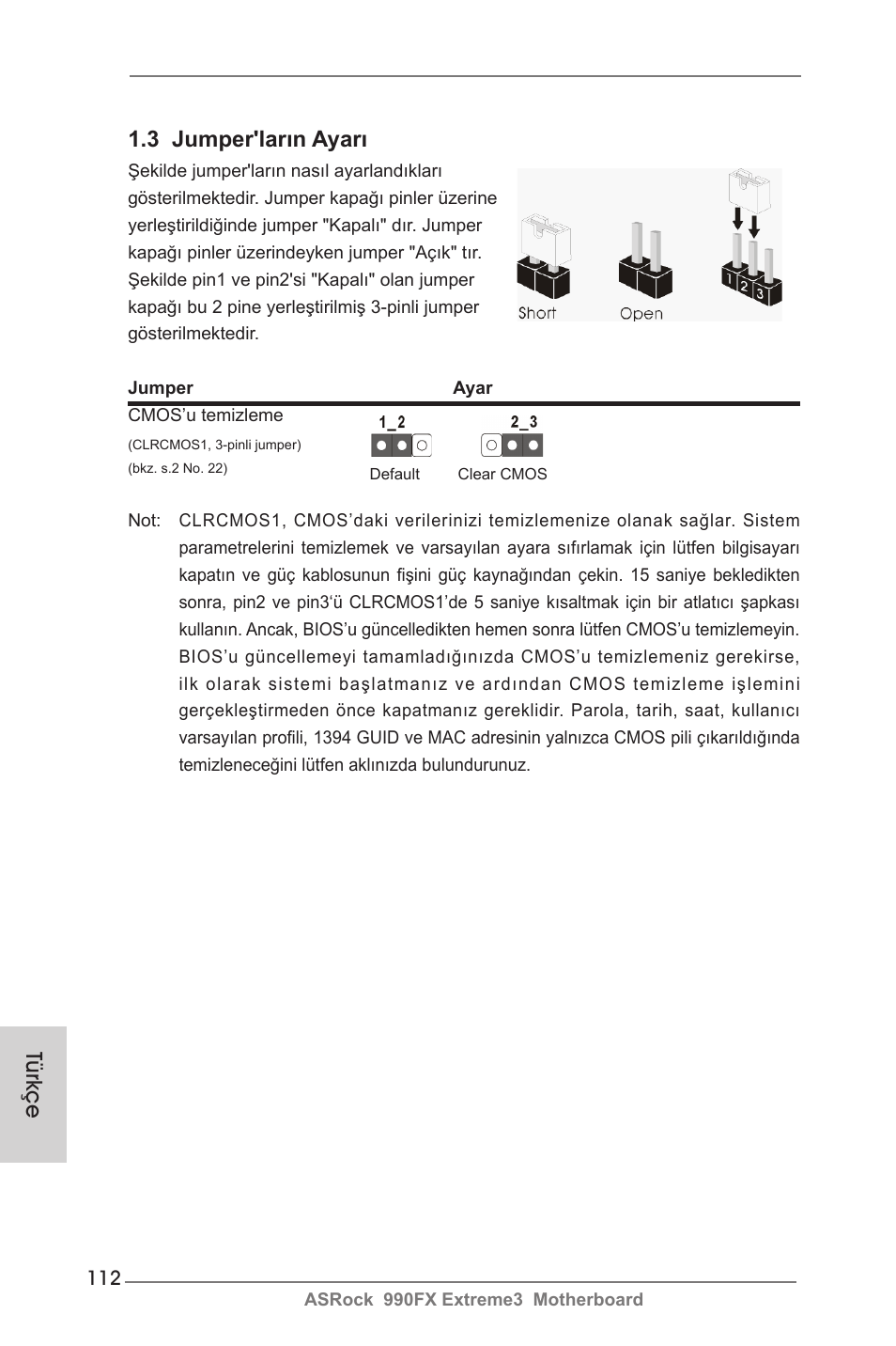 3 jumper'ların ayarı, Türkçe | ASRock 990FX Extreme3 User Manual | Page 112 / 182