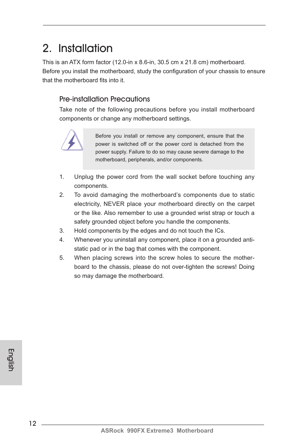 Installation, English, Pre-installation precautions | ASRock 990FX Extreme3 User Manual | Page 12 / 182