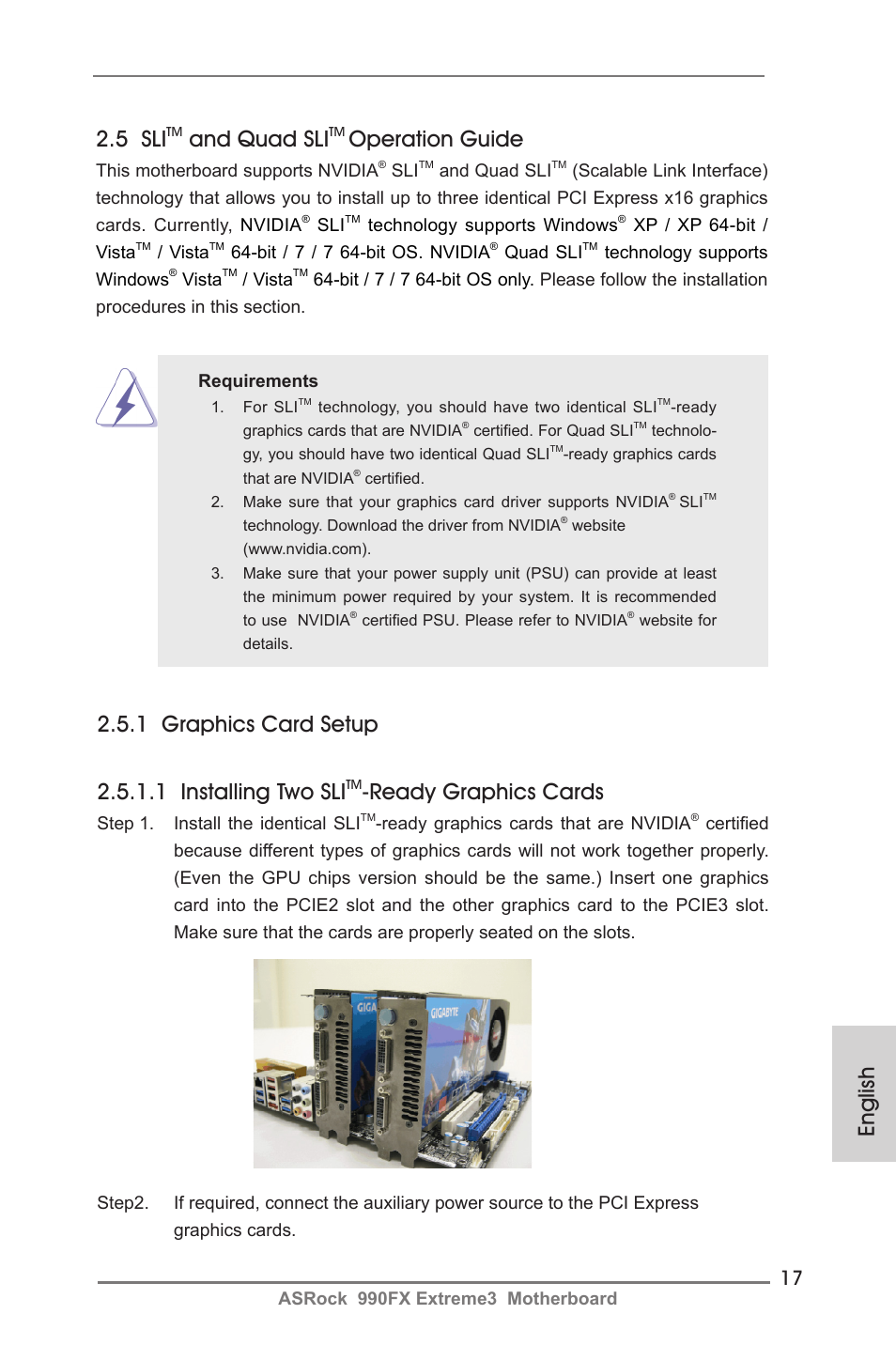 English 2.5 sli, And quad sli, Operation guide | Ready graphics cards | ASRock 990FX Extreme3 User Manual | Page 17 / 182
