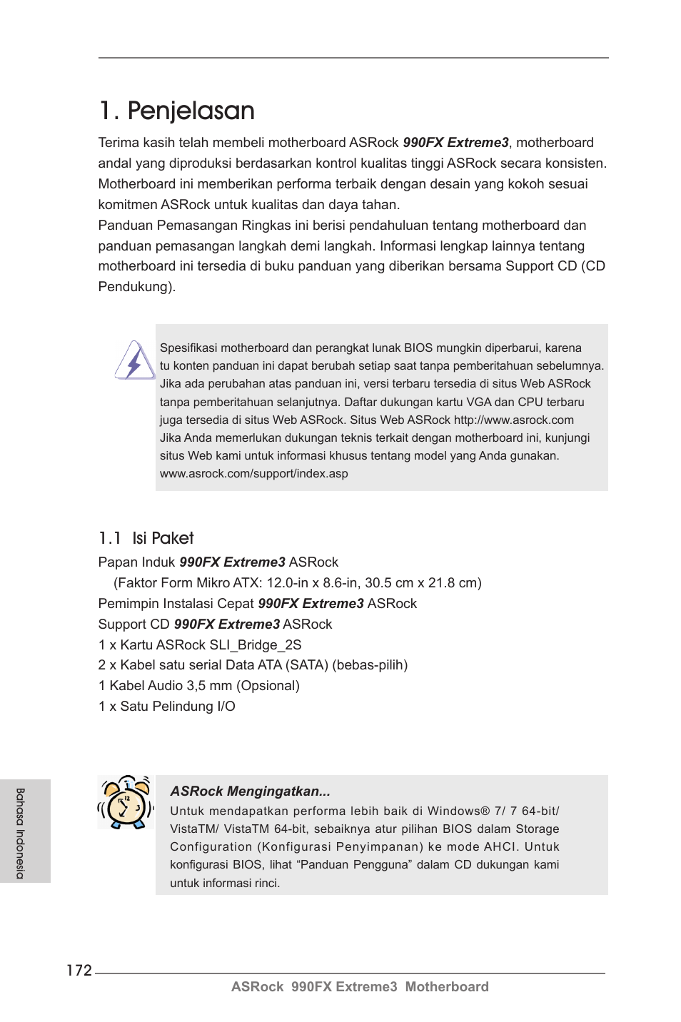 Indonesian, Penjelasan, 1 isi paket | ASRock 990FX Extreme3 User Manual | Page 172 / 182