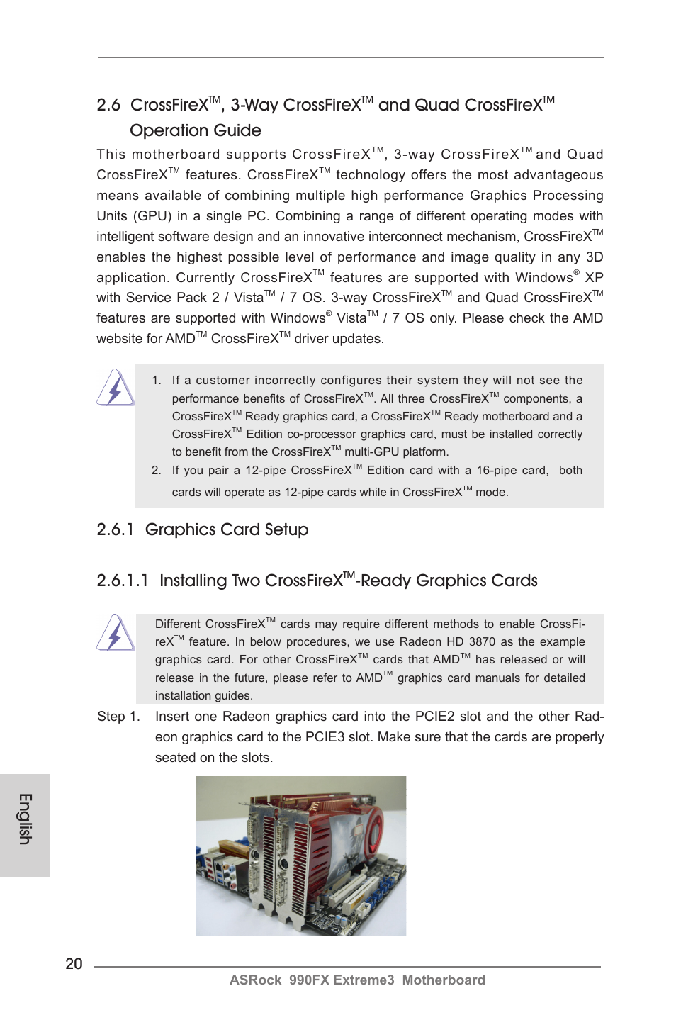 English 2.6 crossfirex, Way crossfirex, And quad crossfirex | Operation guide, Ready graphics cards | ASRock 990FX Extreme3 User Manual | Page 20 / 182