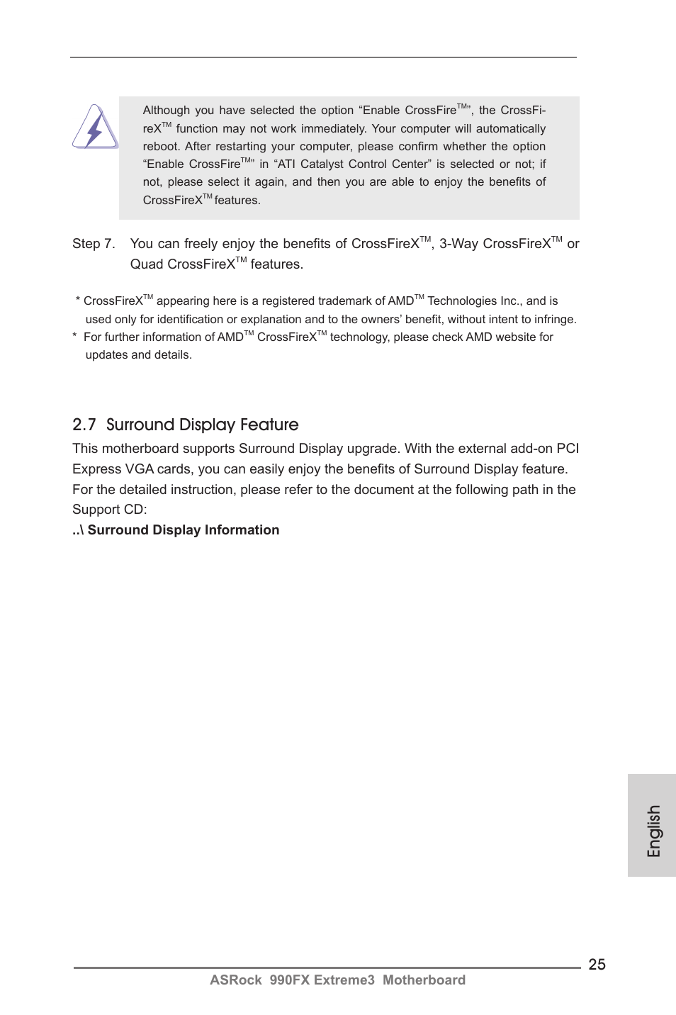 English, 7 surround display feature, Asrock 990fx extreme3 motherboard | Way crossfirex, Or quad crossfirex, Features | ASRock 990FX Extreme3 User Manual | Page 25 / 182