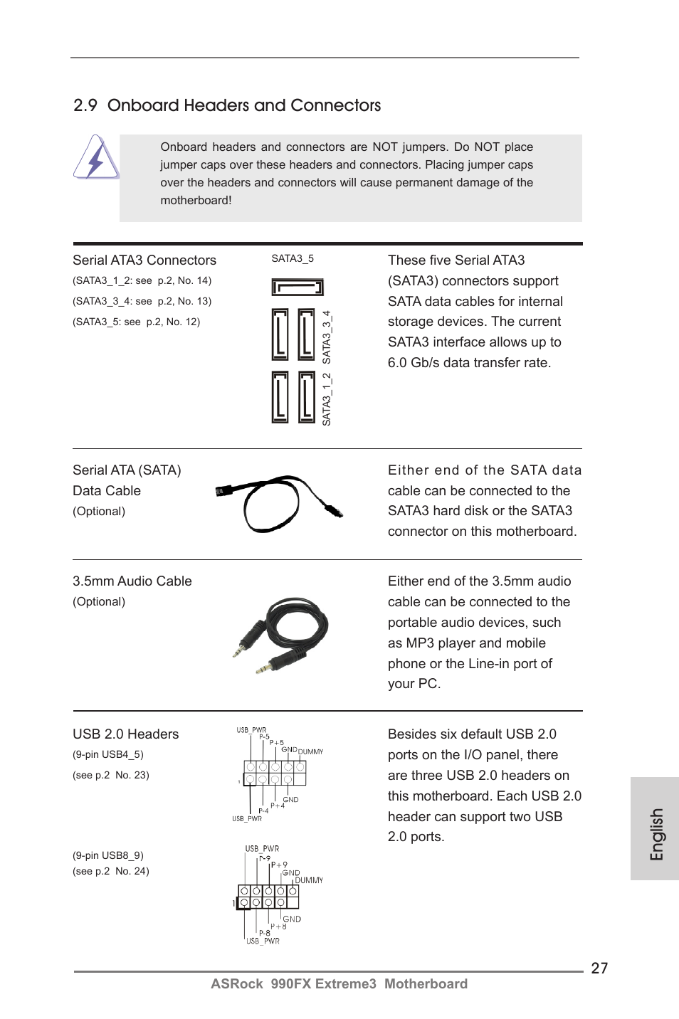 English, 9 onboard headers and connectors | ASRock 990FX Extreme3 User Manual | Page 27 / 182
