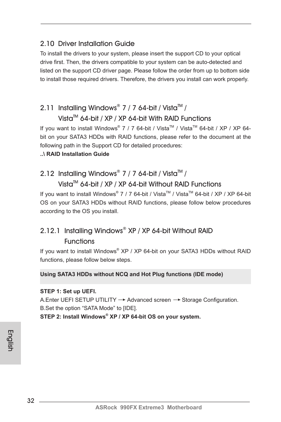 10 driver installation guide, 11 installing windows, 7 / 7 64-bit / vista | Vista, Bit / xp / xp 64-bit with raid functions, 12 installing windows, Bit / xp / xp 64-bit without raid functions, 1 installing windows, Xp / xp 64-bit without raid functions, English | ASRock 990FX Extreme3 User Manual | Page 32 / 182