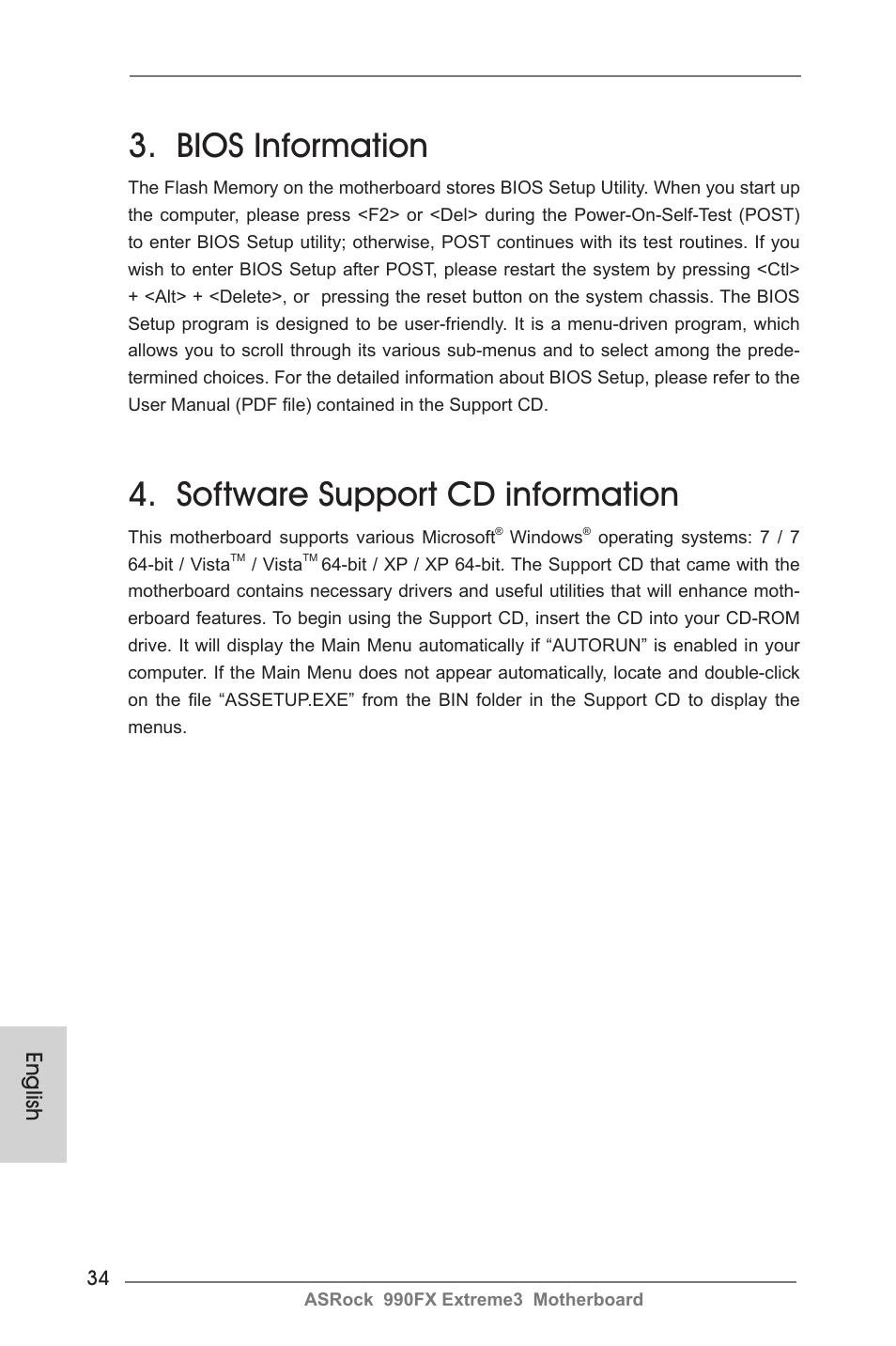 Bios information, Software support cd information, English | ASRock 990FX Extreme3 User Manual | Page 34 / 182